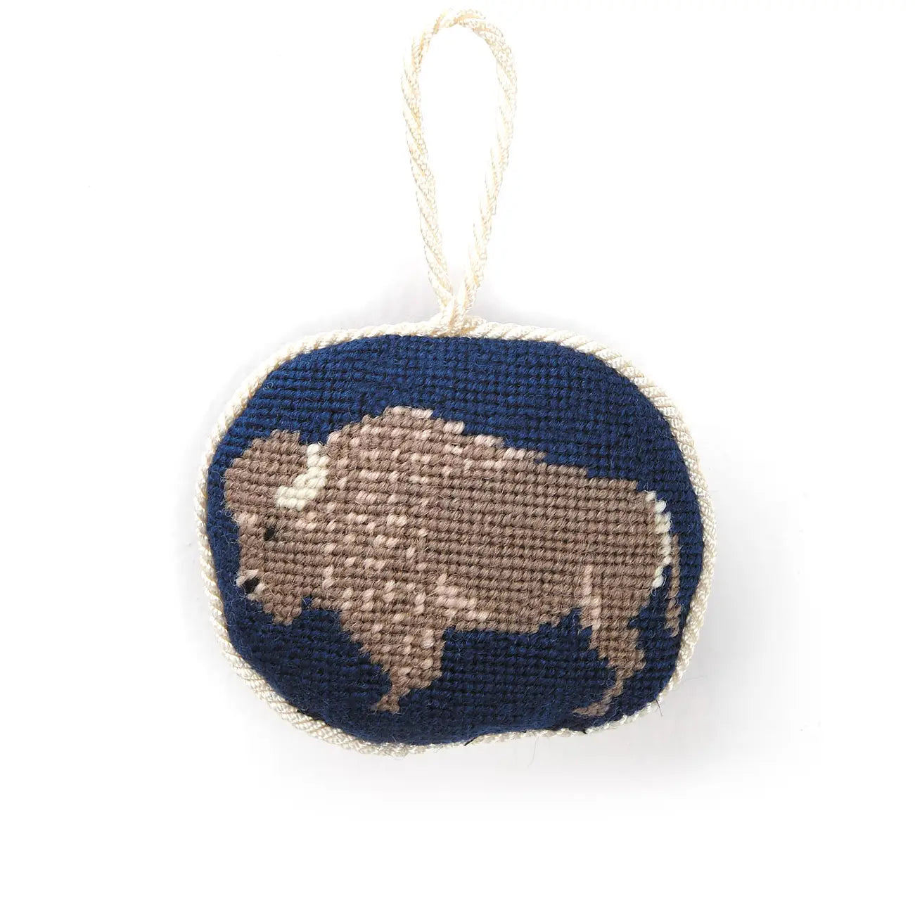 Small oval Peking Handicraft needlepoint buffalo ornament, blue background, white rope edge; rustic home decor Christmas gift.