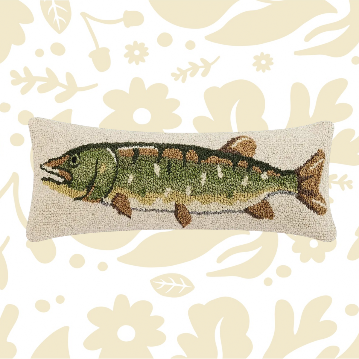 Peking Handicraft Pike Wool Hook Cushion with hooked green fish, beige floral pattern, nature-inspired accent pillow decor.