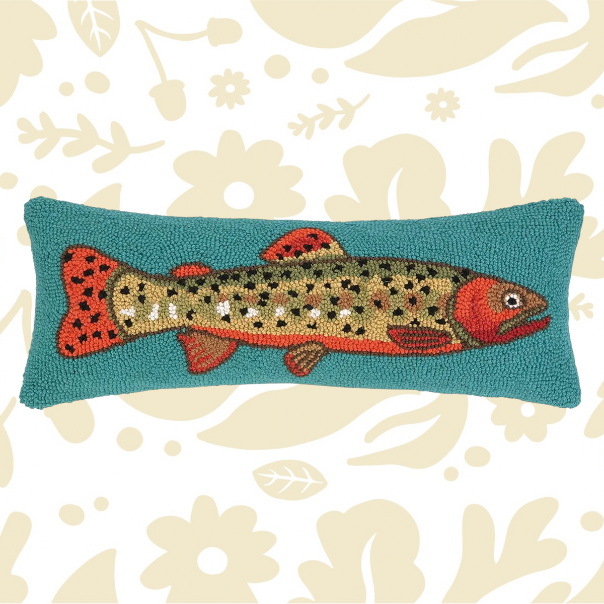 The Peking Handicraft Rainbow Trout Wool Hook Cushion is a rectangular teal throw pillow measuring 8x22", featuring a colorful embroidered trout fish design with orange fins and a speckled body. Made from 100% wool and hooked for meticulous detail, this accent pillow is filled for maximum comfort.