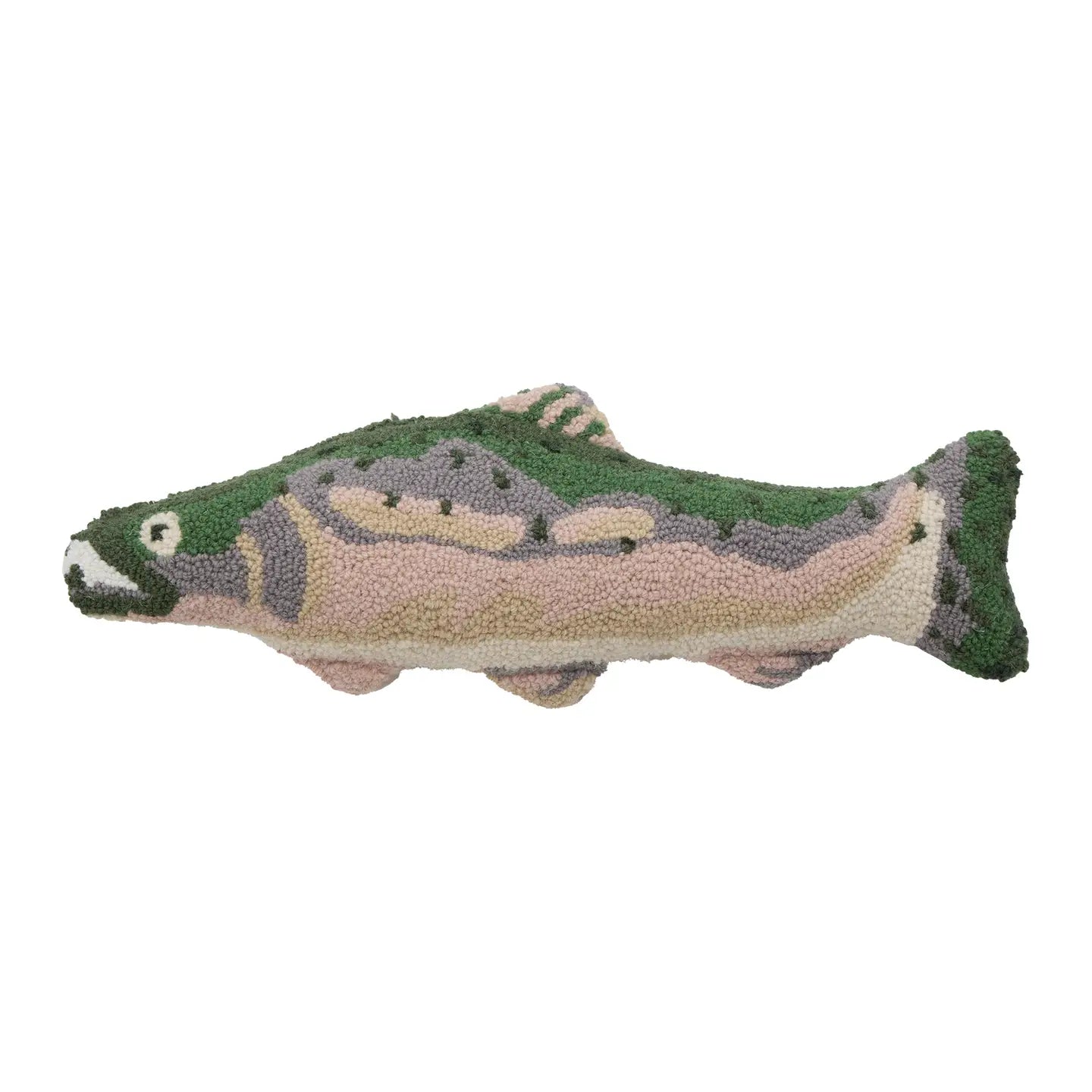 Peking Salmon Fish Shaped Wool Hook Cushion 8x22 with green, pink, beige nature-inspired decor for sofa or kids room.