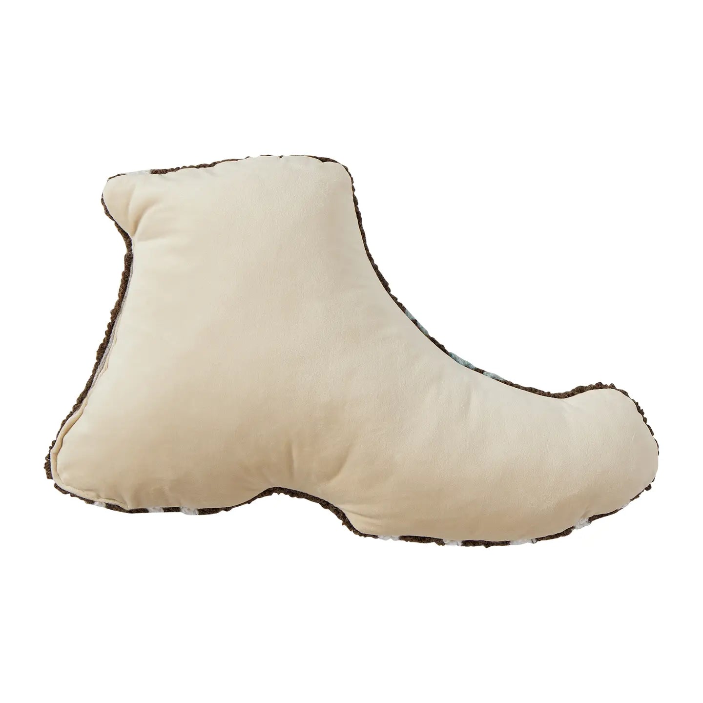 Peking Handicraft wool hook cushion, hiking boot shape, 12x18, beige-brown edges—decor pillow for cabin décor.