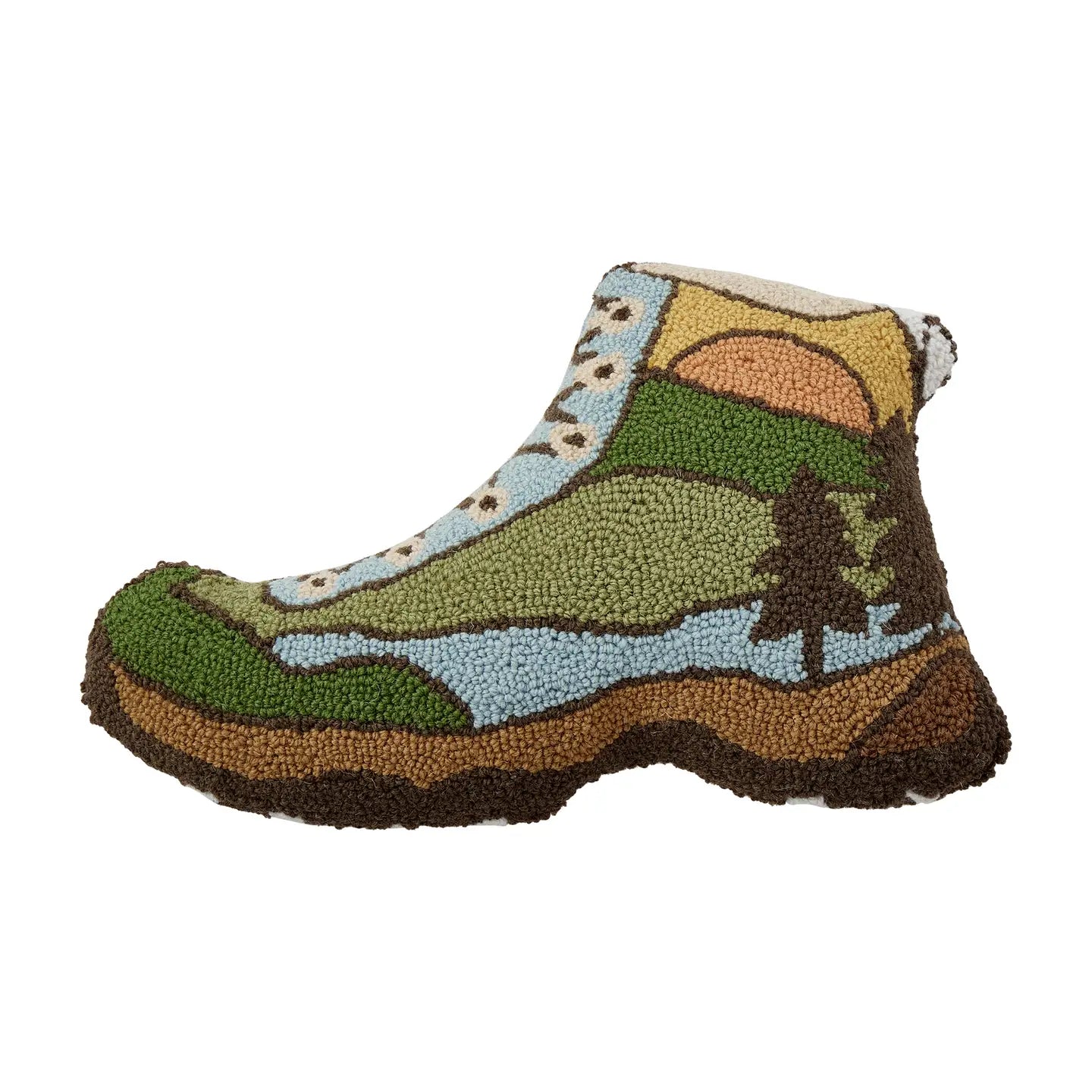 Peking Hiking Boot Wool Hook Cushion: 12x18 scenic landscape pillow, rustic cabin decor, cozy hiking-inspired home accessory.