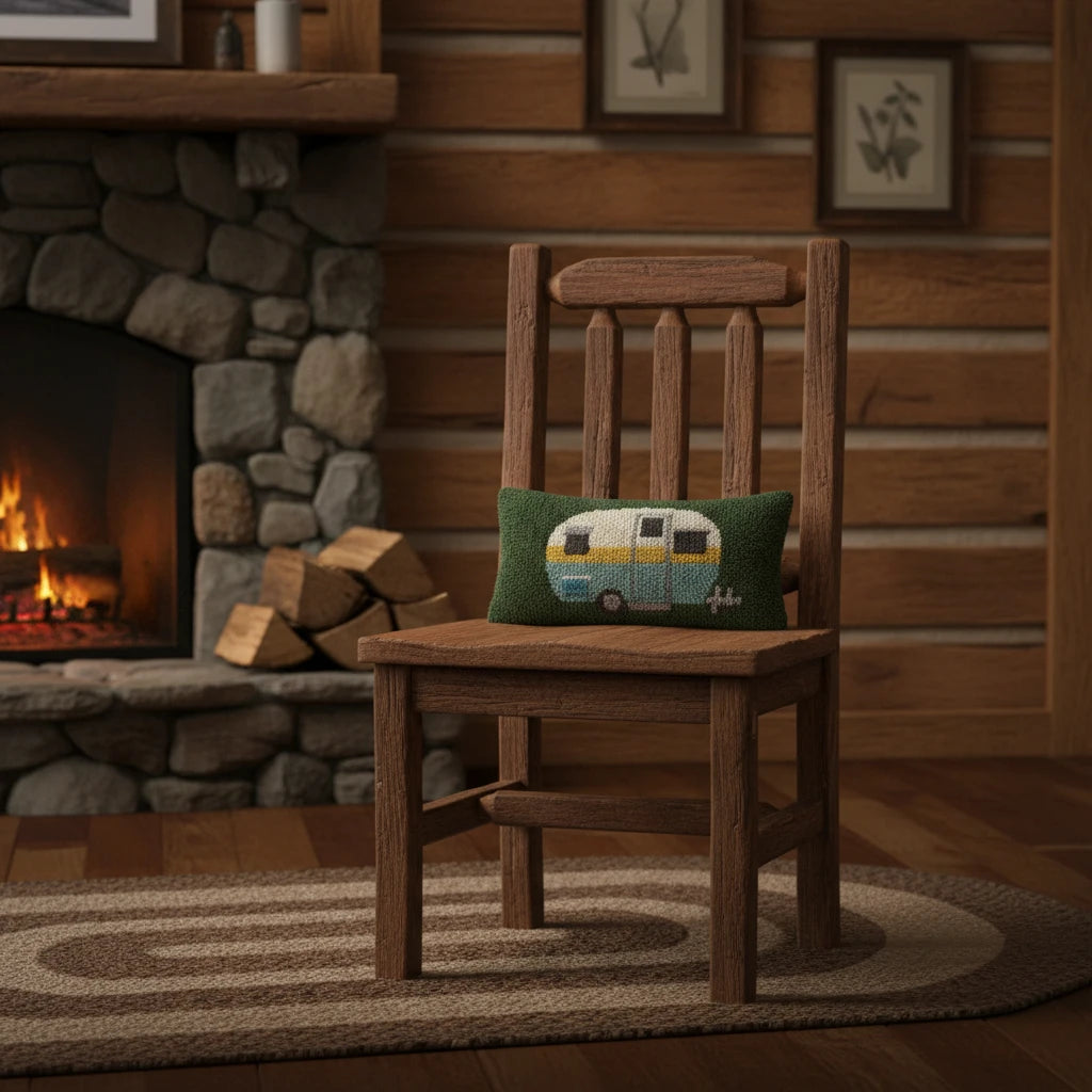 Rustic wooden chair with Peking Camper Wool Hook Cushion on rug by stone fireplace in cozy log cabin room, perfect home décor.
