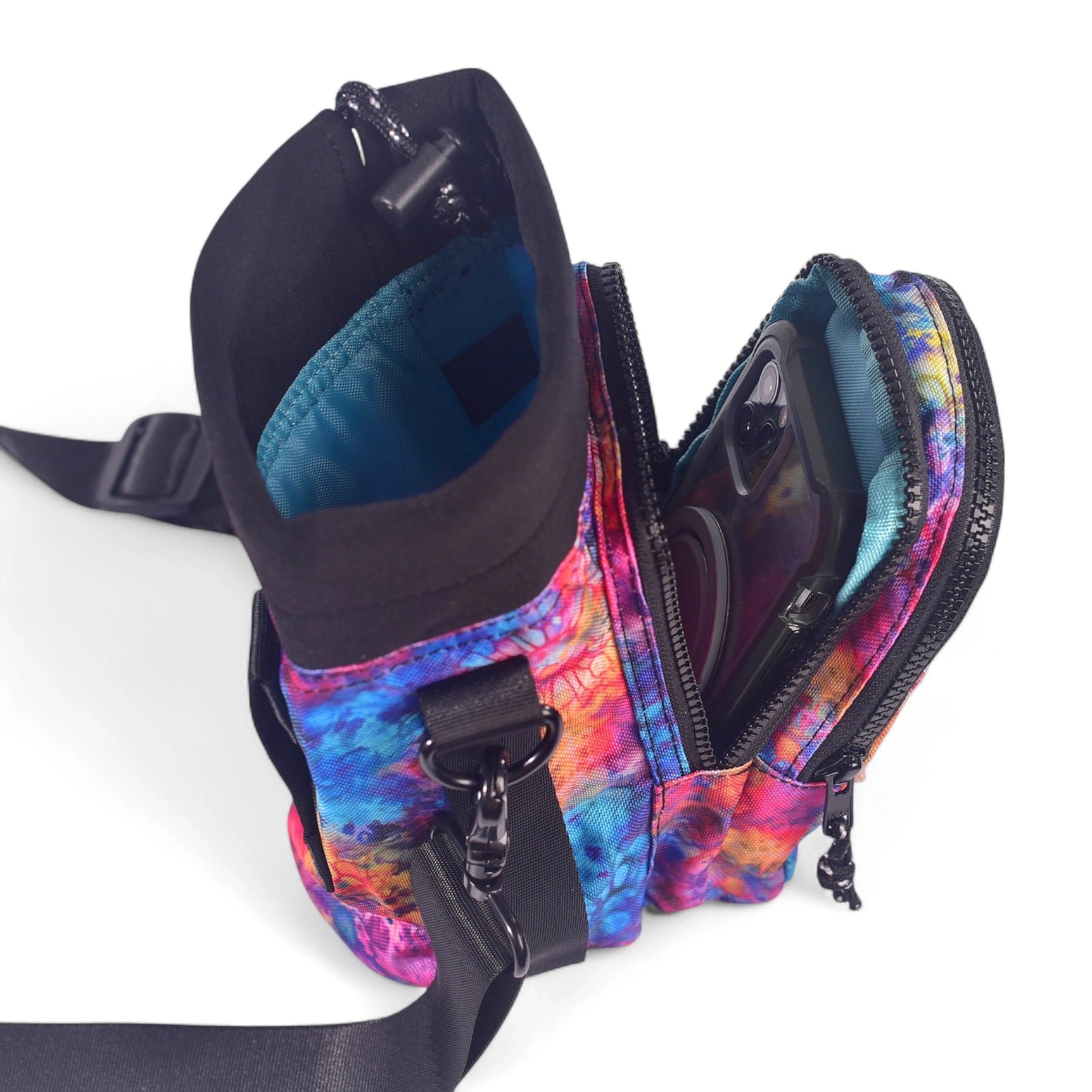Sipsey Wilder Tie-Dye Bloom Water Bottle Carrier: 2 zippered pockets, eco-friendly recycled polyester, vibrant color pattern.