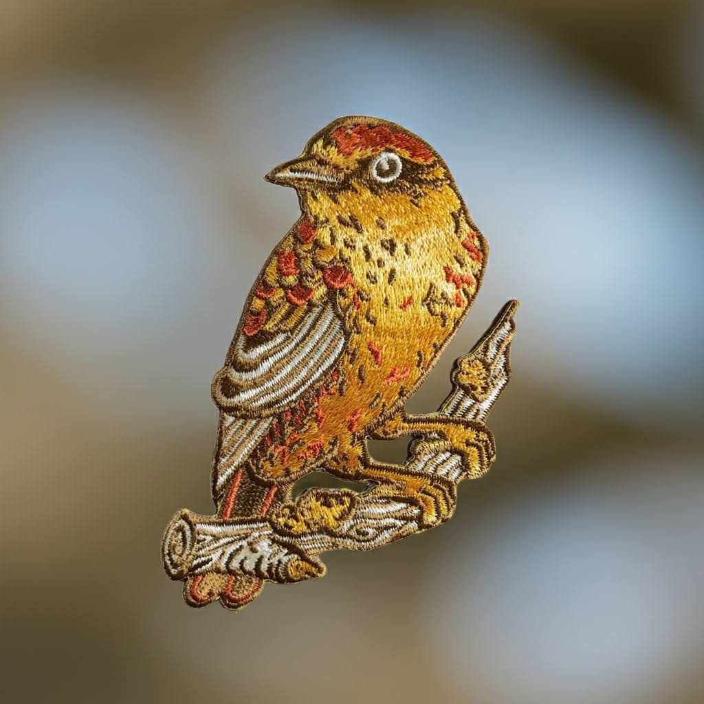 Mustard Beetle Palm Warbler Bird Iron On Patch 3x3—yellow-brown bird, red spots, easy heat press fabric applique repair.