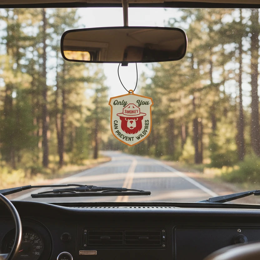 Interior car view with Good & Well Supply Co Smokey Bear Pine & Sage air freshener hanging from rearview mirror, scenic drive.