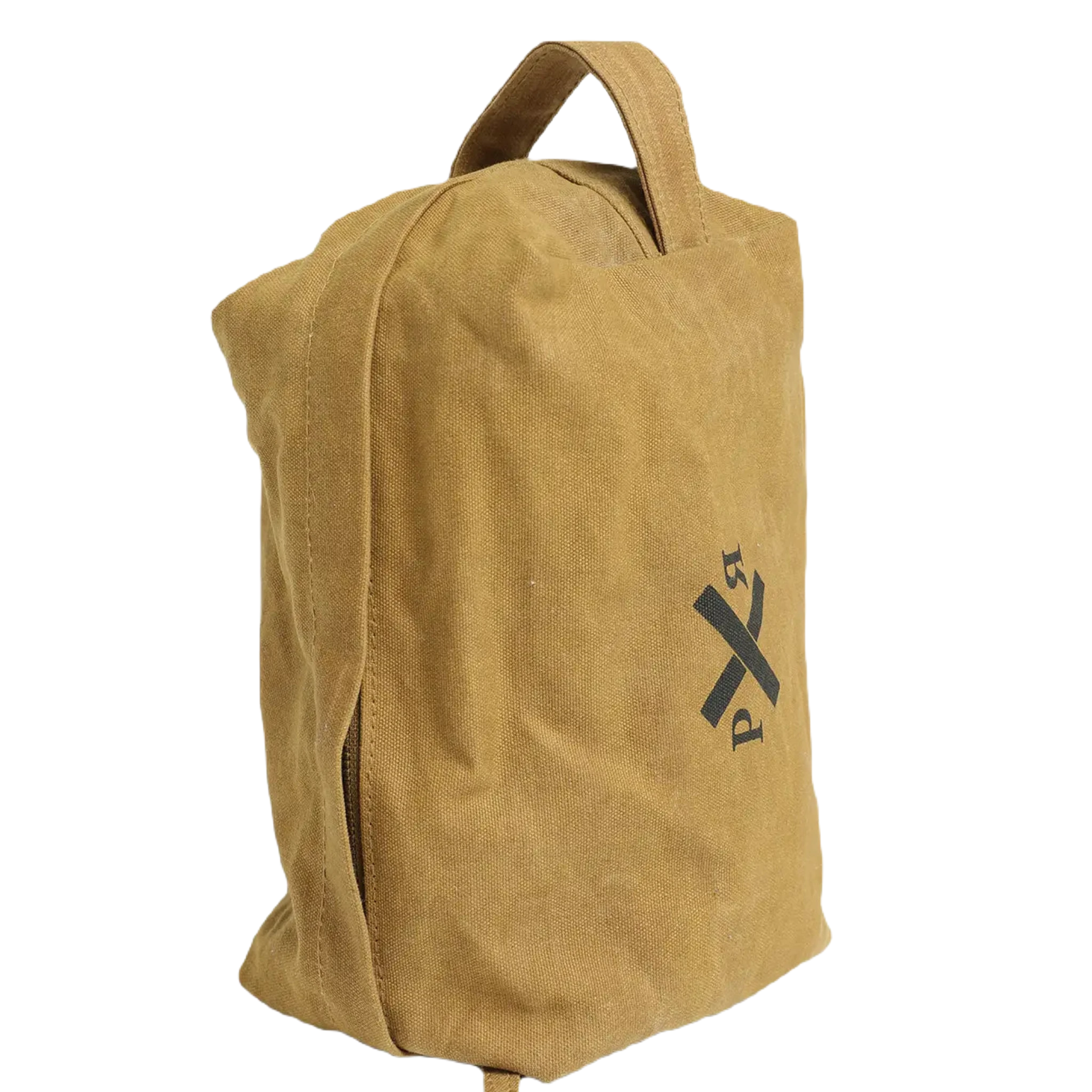 The Pony Rider Slow Road Waxed Canvas Toiletry Bag - Clay is a tan canvas bag featuring a black logo with a compass and the letters "P" and "R." Made in India, it also includes a convenient handle on top.