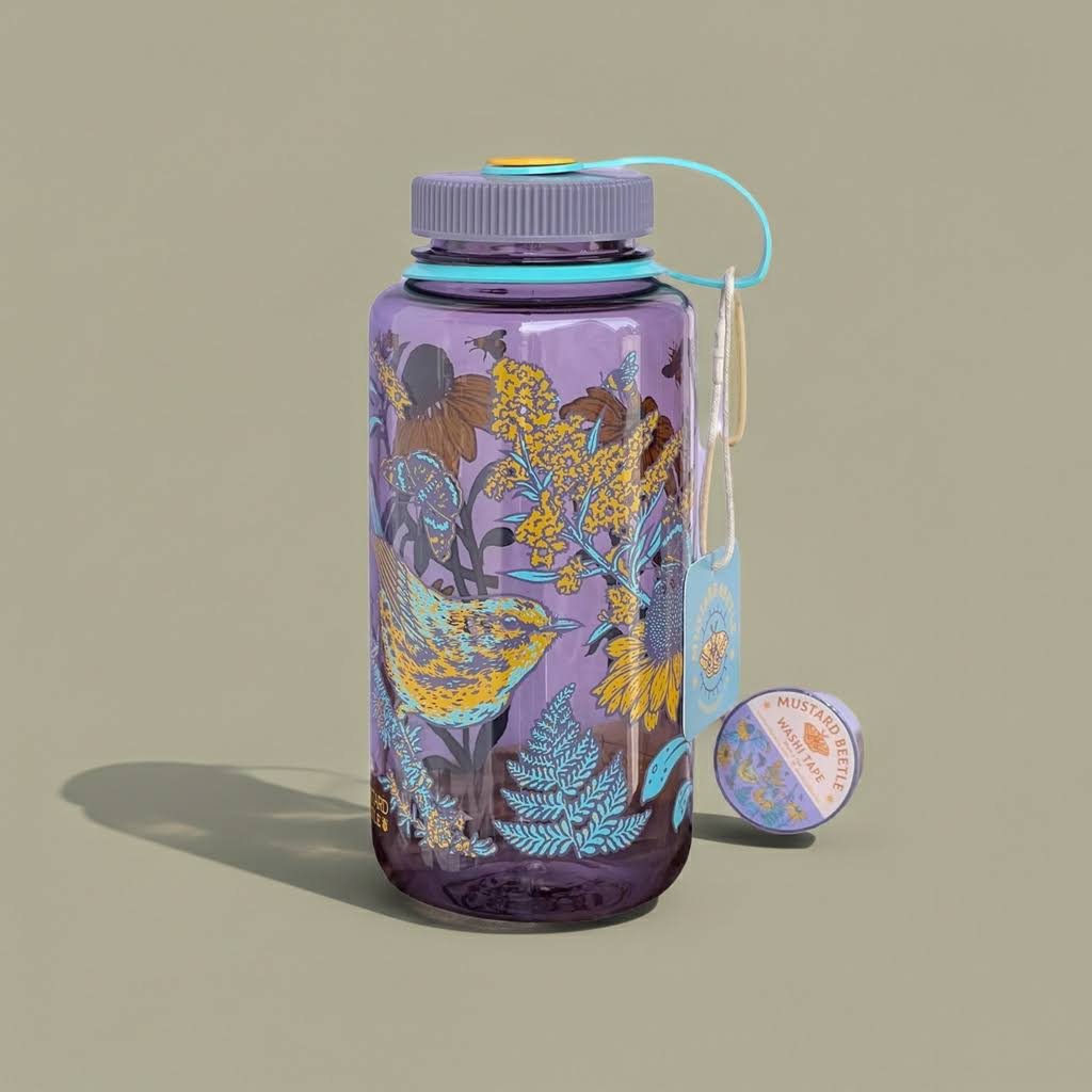 Mustard Beetle Prairie 32oz Nalgene bottle: purple, gray lid, blue tag, BPA-free, bird and flower design for outdoors.