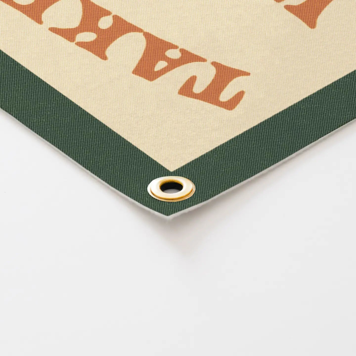 Close-up of Benoit’s Design Co felt banner, "Take A Walk On The Wild Side", green border, metal grommet, stylish room decor.