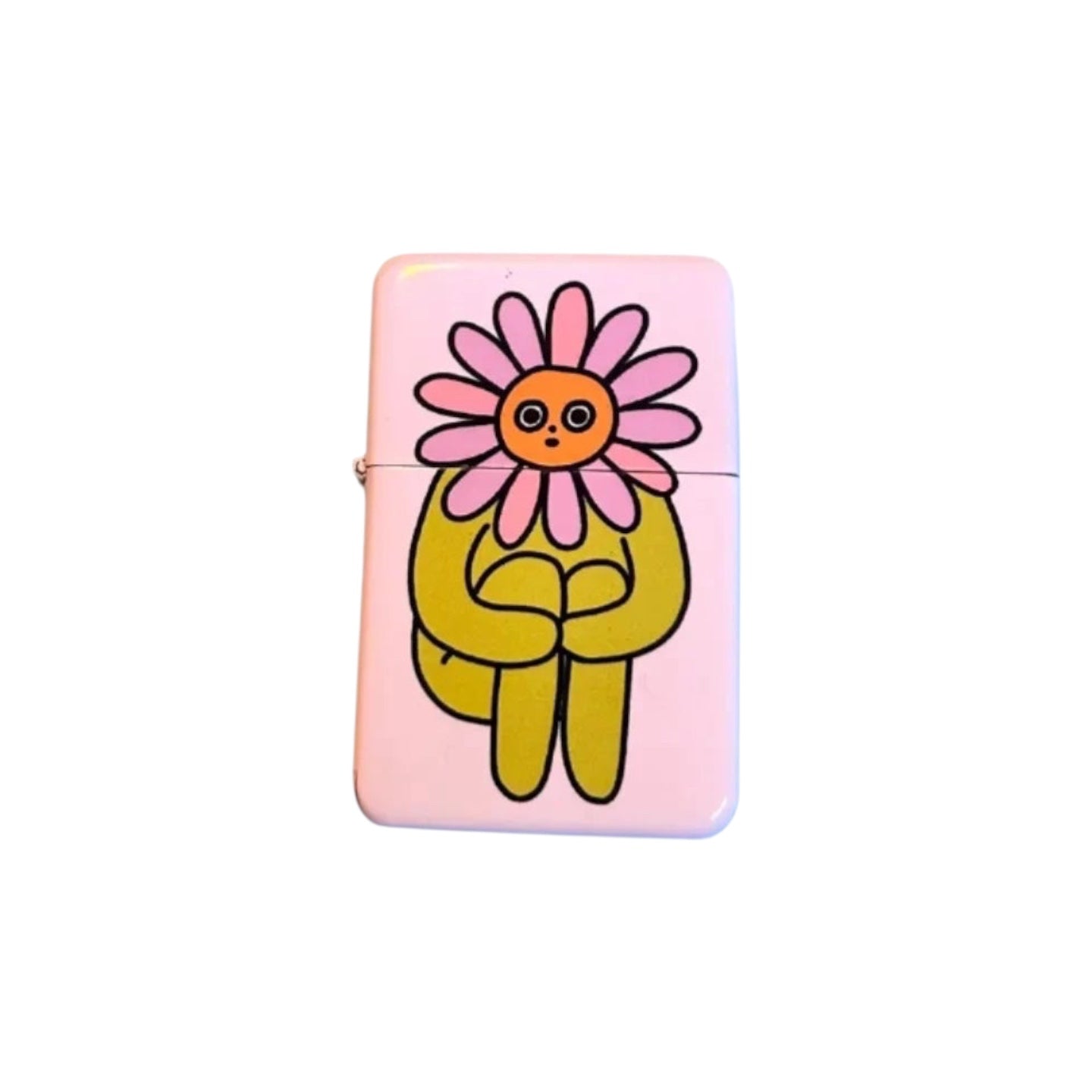 Peach Fuzz Flower Boy Lighter: cute yellow figure, pink flower petals, on soft pink enamel, unique novelty lighter gift.