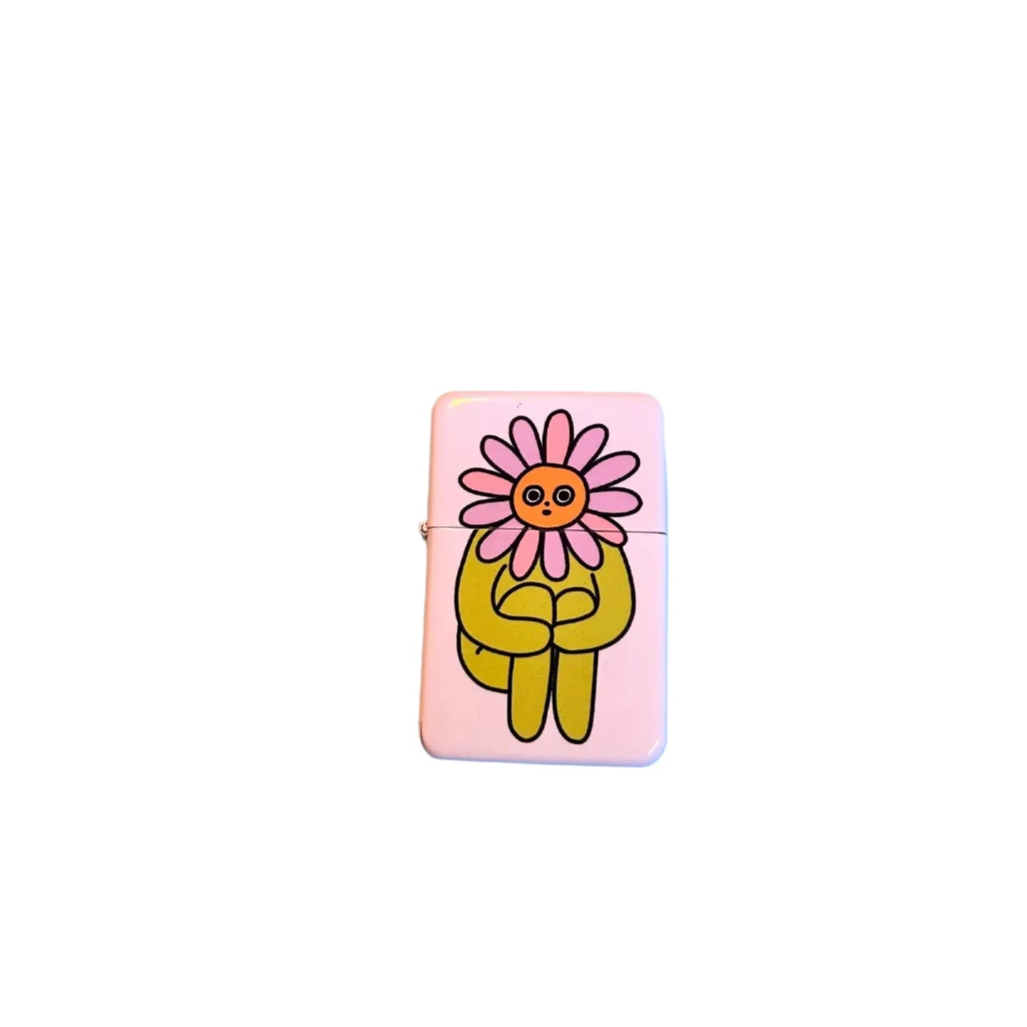 Pink Peach Fuzz Flower Boy Lighter with cute cartoon flower character, pink design, unique floral accessory gift for smokers.
