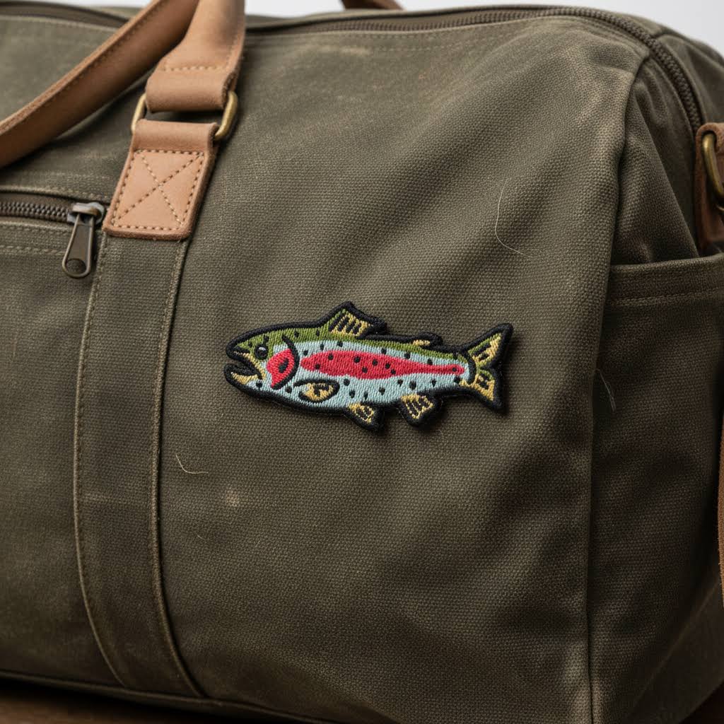 Forager Provisions LTD rainbow trout embroidered patch attached to an olive green canvas duffel bag