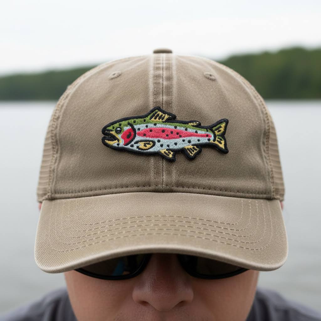Forager Provisions LTD rainbow trout embroidered patch on a tan baseball cap worn by a person outdoors near water.