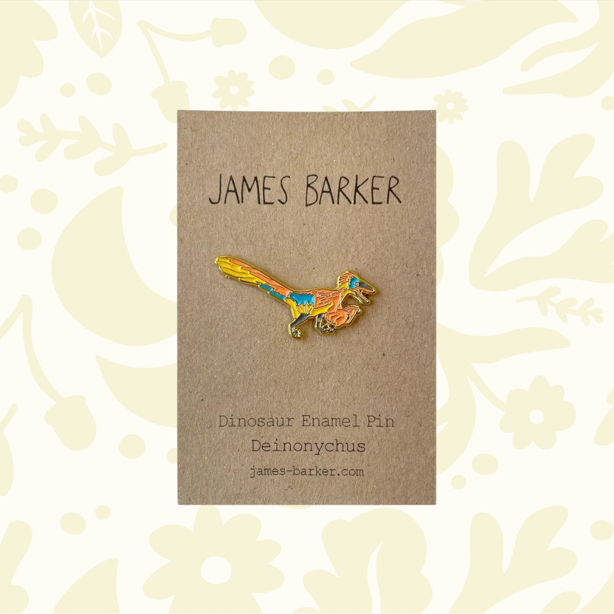 James Barker Deinonychus Raptor Dinosaur Pin Badge – unique dinosaur gift for collectors, Jurassic fans, and enamel pin lovers.