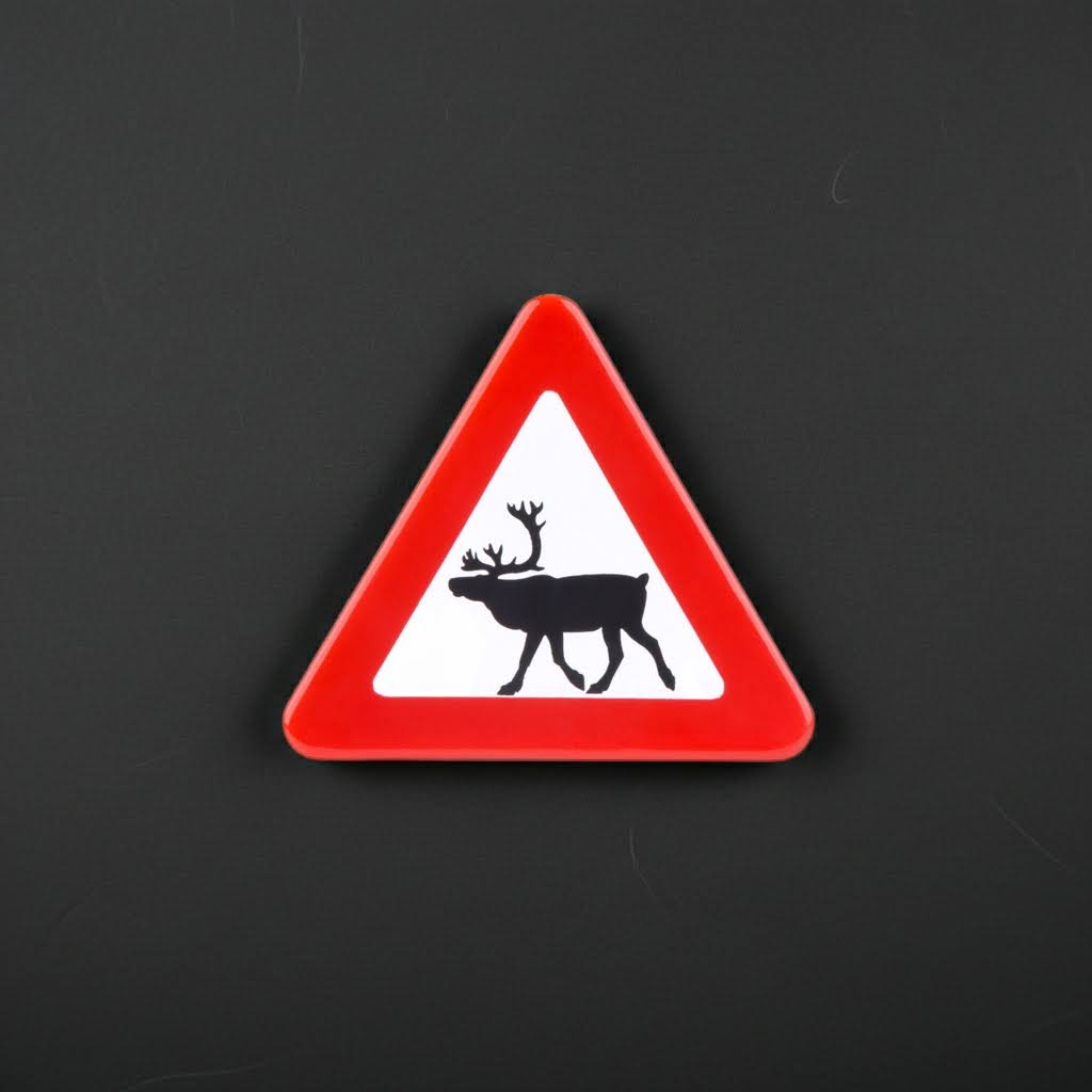 Forager Provisions LTD handmade enamel fridge magnet featuring a red and white triangular reindeer warning sign.