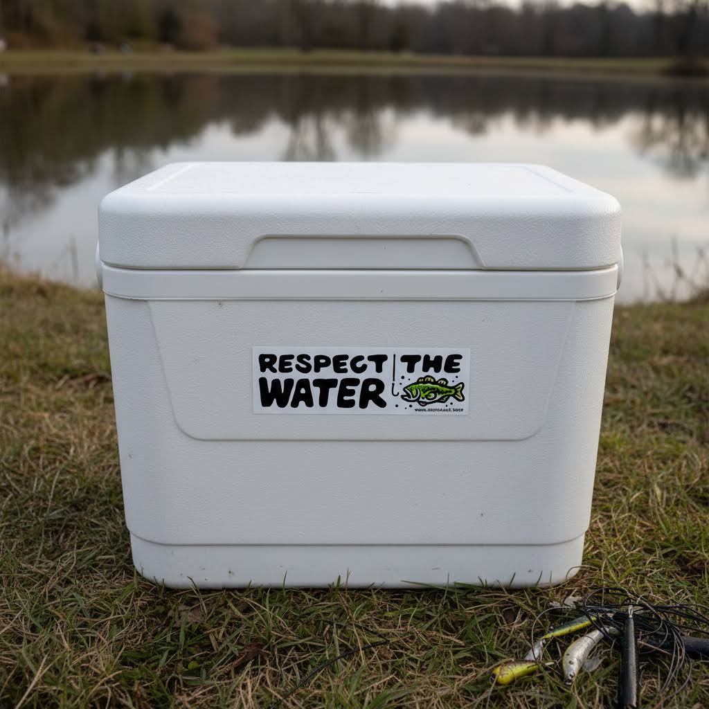 Forager Provisions LTD Respect the Water vinyl bumper sticker applied to a white outdoor cooler by a lake