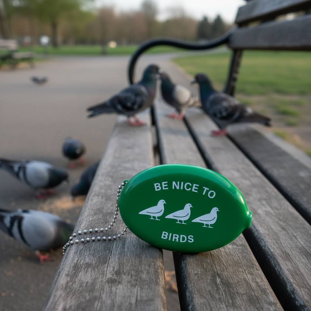 Forager Provisions LTD grass green rubber coin wallet with Be Nice To Birds text and pigeon icons on a park bench.