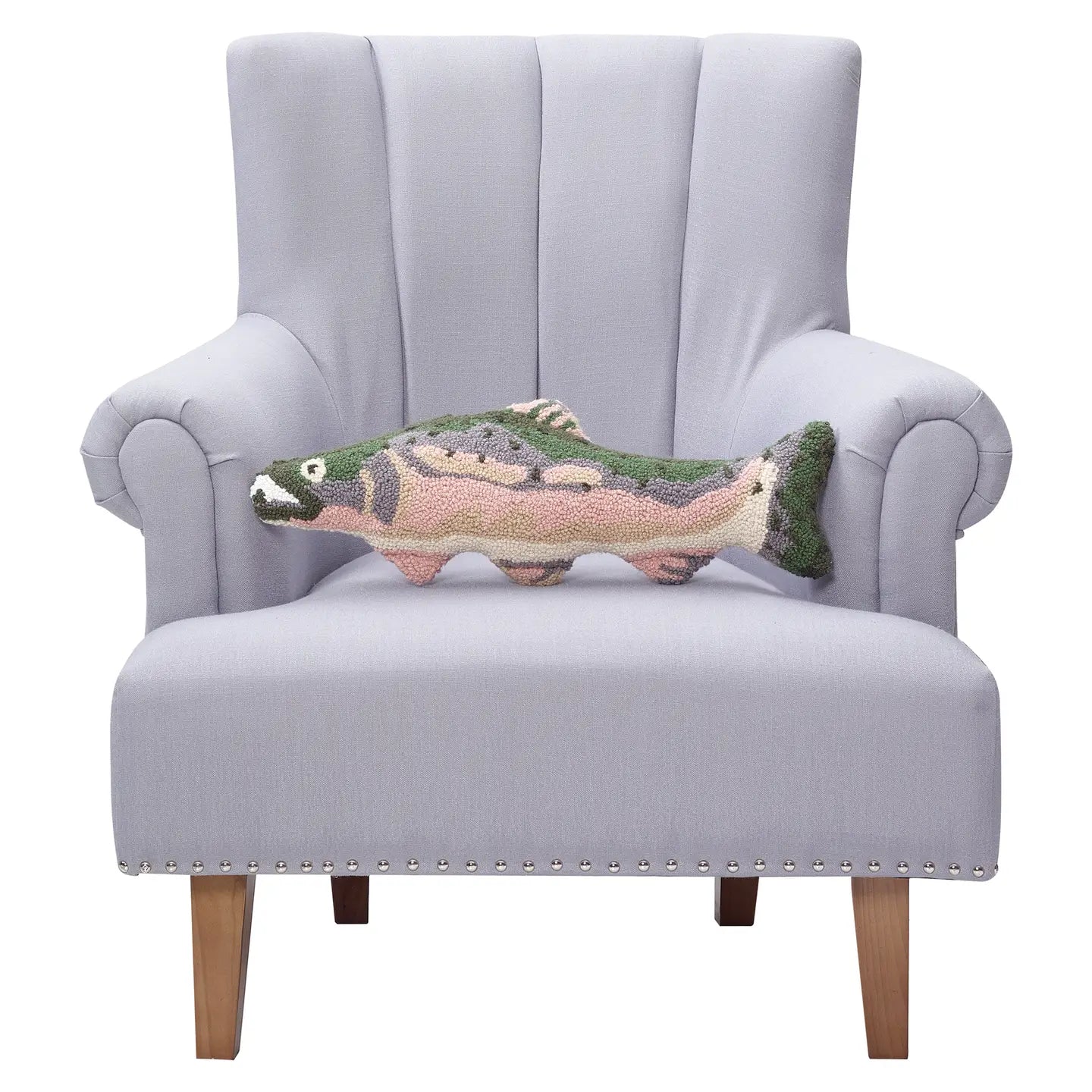 Light gray armchair with wooden legs, styled with a unique Peking Salmon Fish Shaped Wool Hook Cushion for modern decor.