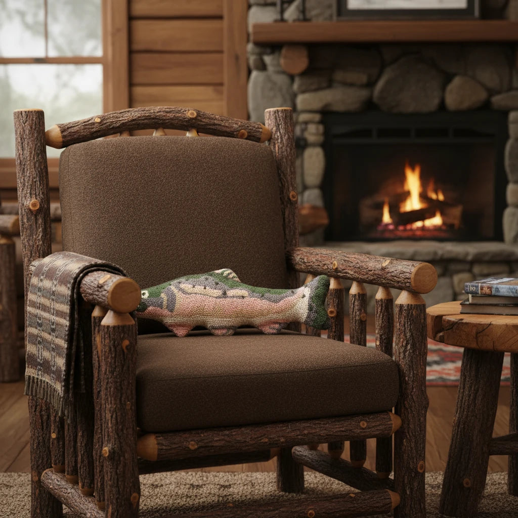 Light gray armchair with wooden legs, styled with a unique Peking Salmon Fish Shaped Wool Hook Cushion for modern decor.
