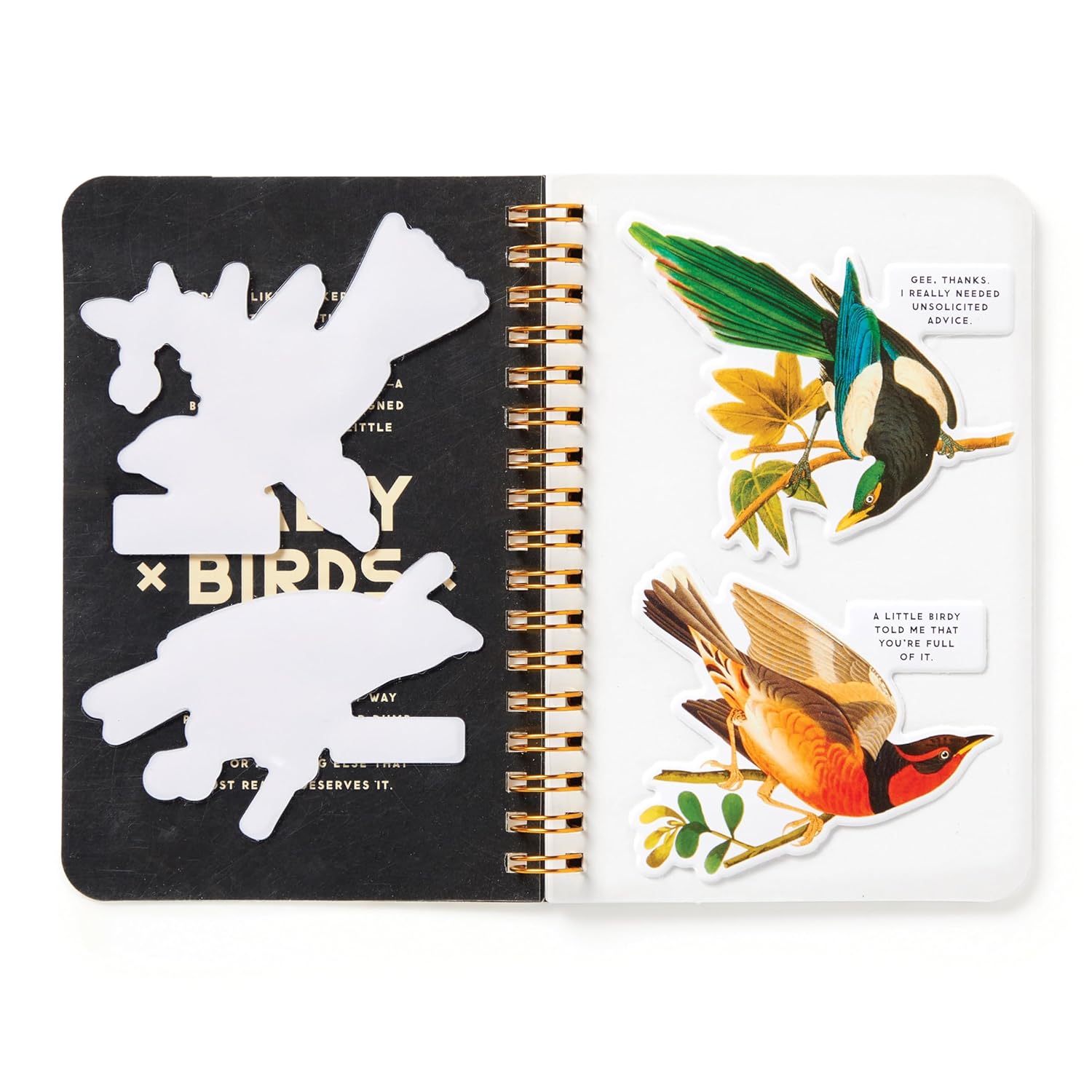 Open spiral notebook with Brass Monkey Salty Birds Sticker Book, featuring sassy, funny bird stickers and vibrant cutouts.