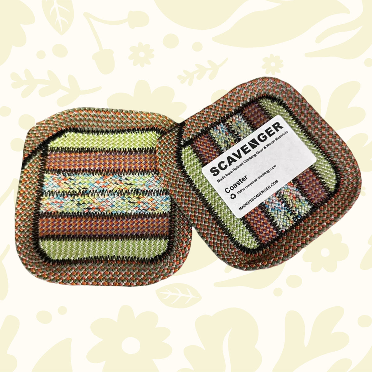 Two woven coasters with a Scavenger label on a white background