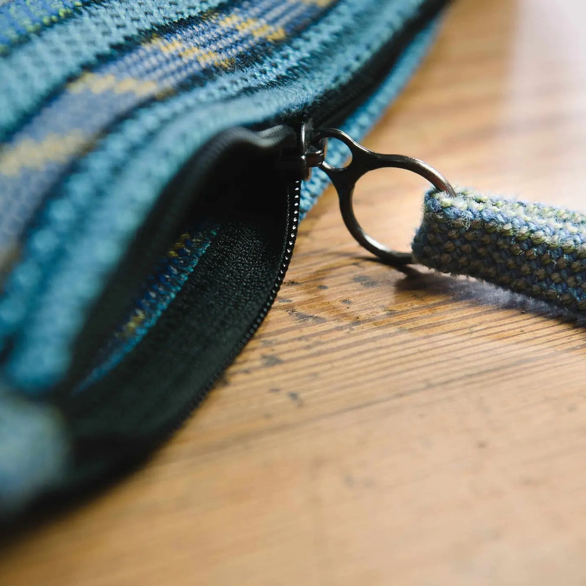 Forager Provisions LTD Scavenger large zip pouch in blue and teal reclaimed climbing rope with a sturdy metal zipper.