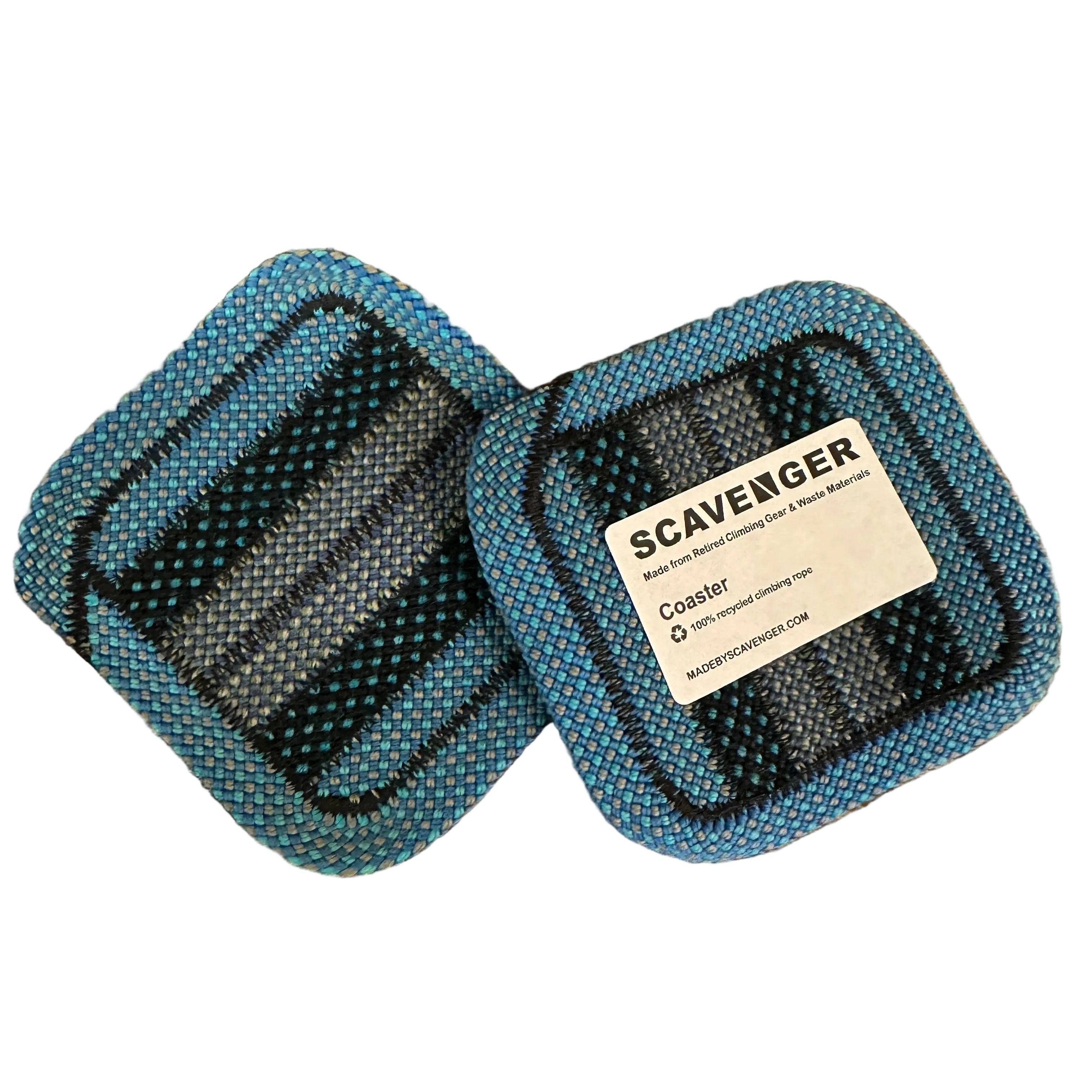 Blue and black woven pouch with a Scavenger label on a white surface