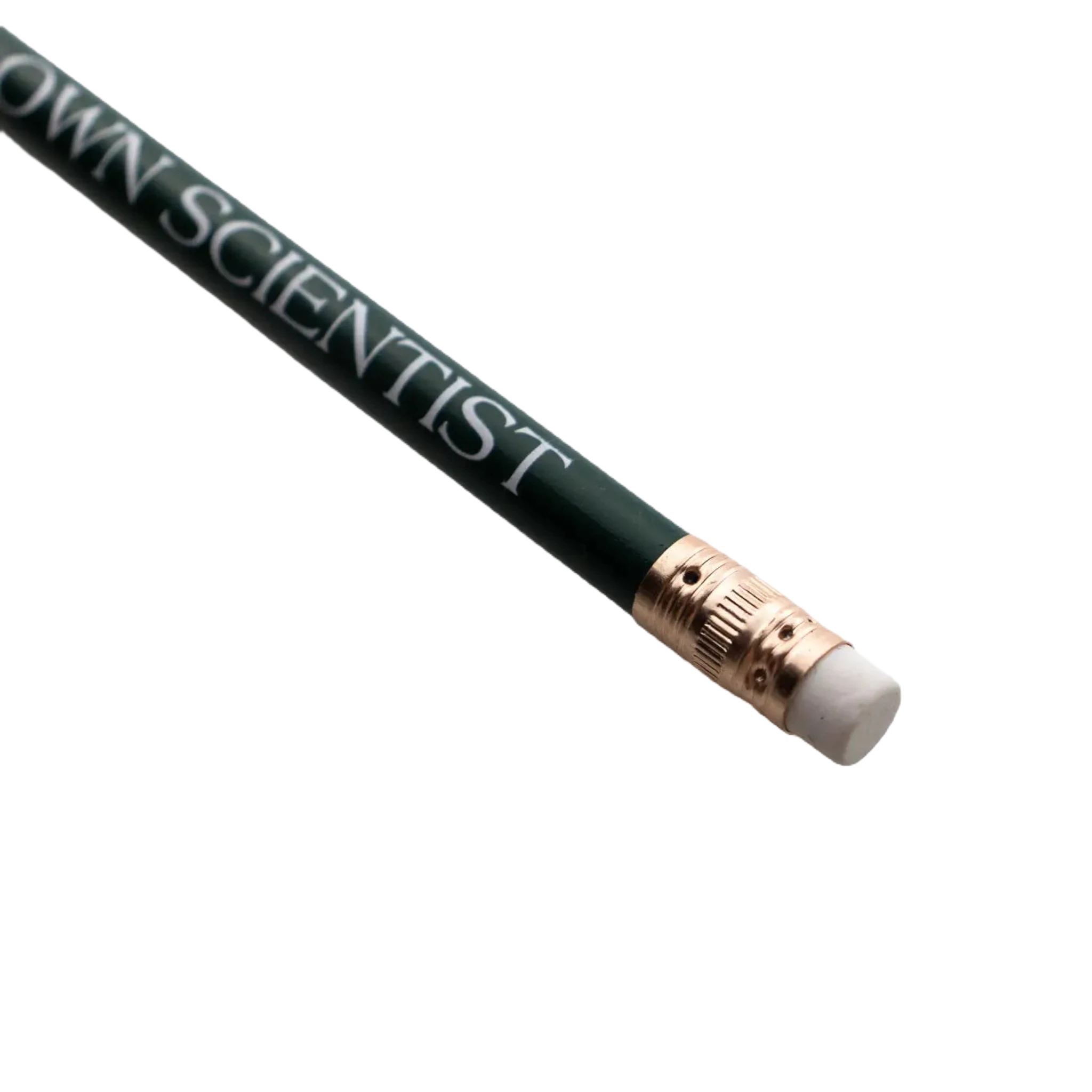 A pencil from the Stemcell Science Shop - Stay Curious Journal & Pencil Set, featuring a dark green body, a white eraser, and the phrase "KNOWN SCIENTIST" printed in white, perfect for jotting notes in your hardcover observation journal.
