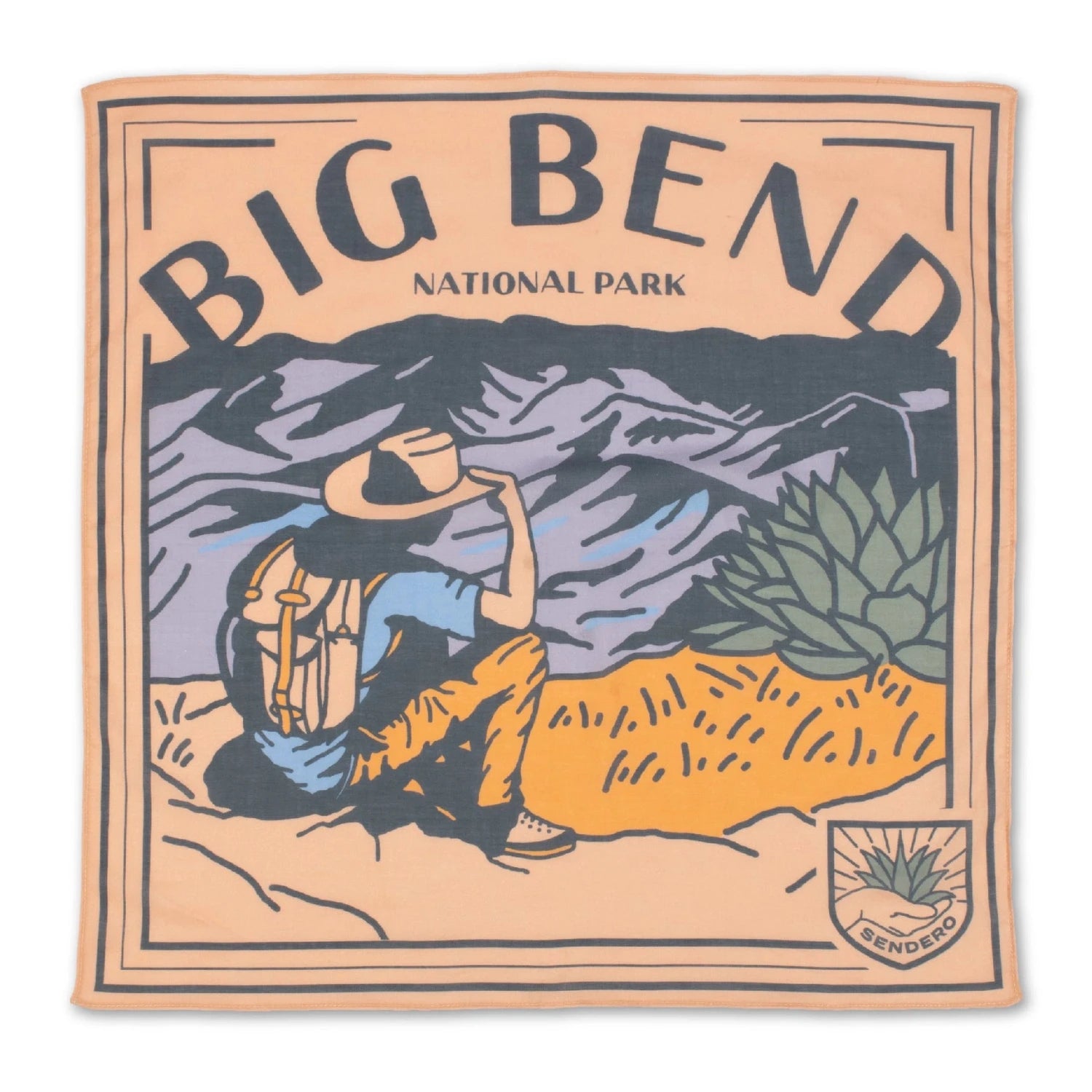 Illustration of a person with a backpack and hat sitting on a hill, looking at mountains with "Big Bend National Park" text above. This artwork is displayed on the Sendero Provisions Big Bend Bandana and printed on silky smooth, organic Japanese cotton for lasting quality.