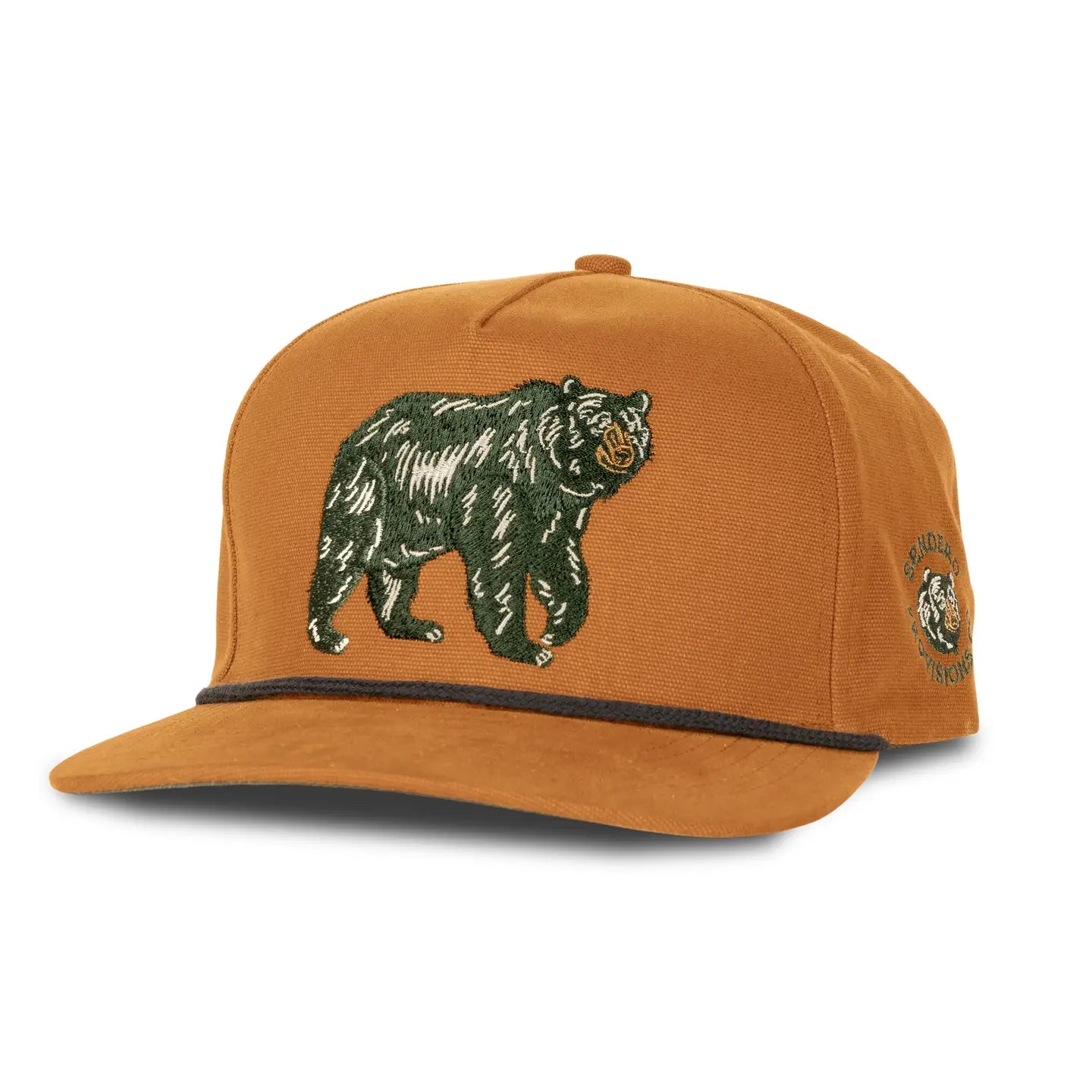 Sendero Bear Graphic Cap: brown flat-brim hat with bear embroidered front, Sendero Provisions logo on side; stylish outdoor cap.