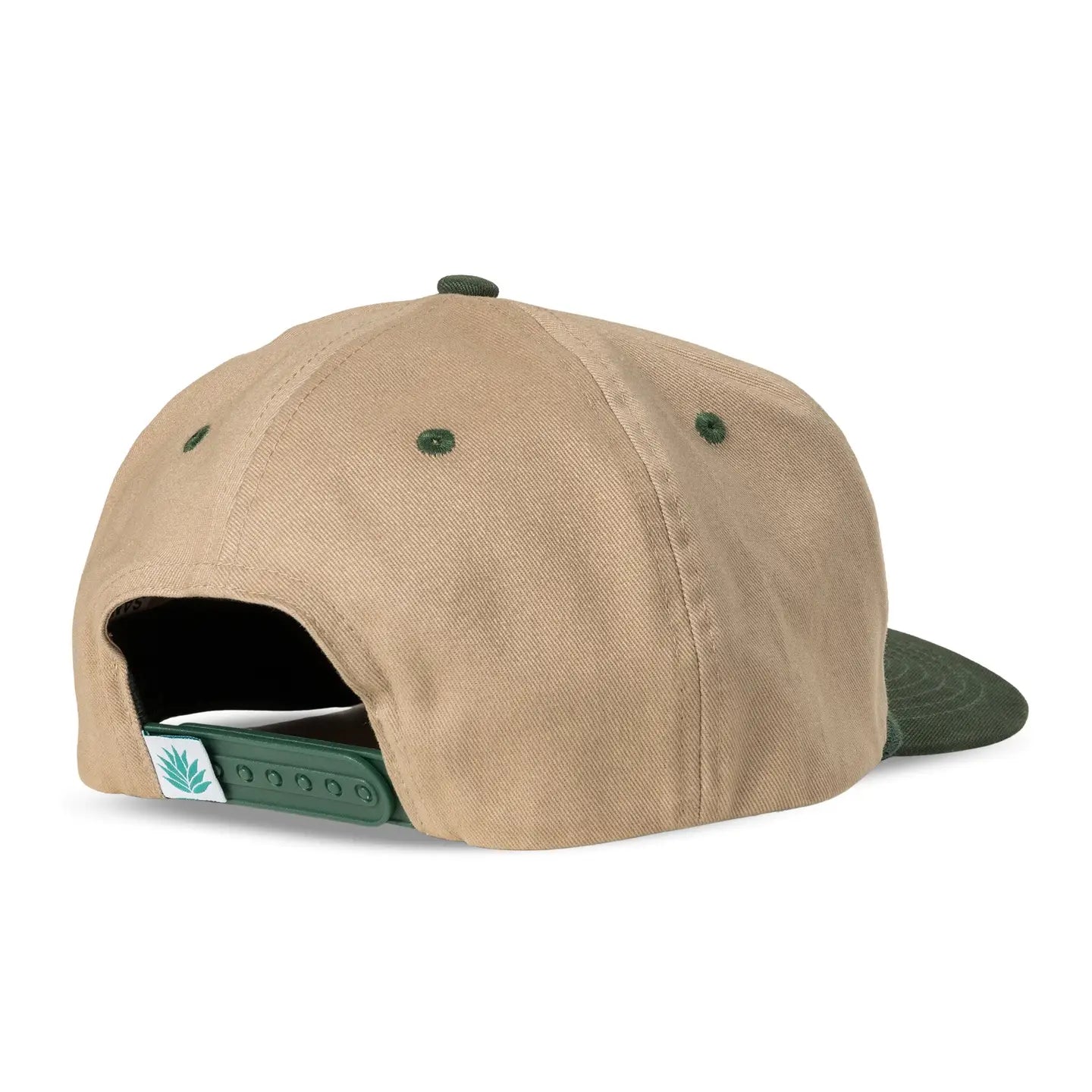 Sendero Provisions Hand Tied Flies Cap: Tan hat, green brim, plant logo, adjustable strap—outdoor fly fishing trucker hat.