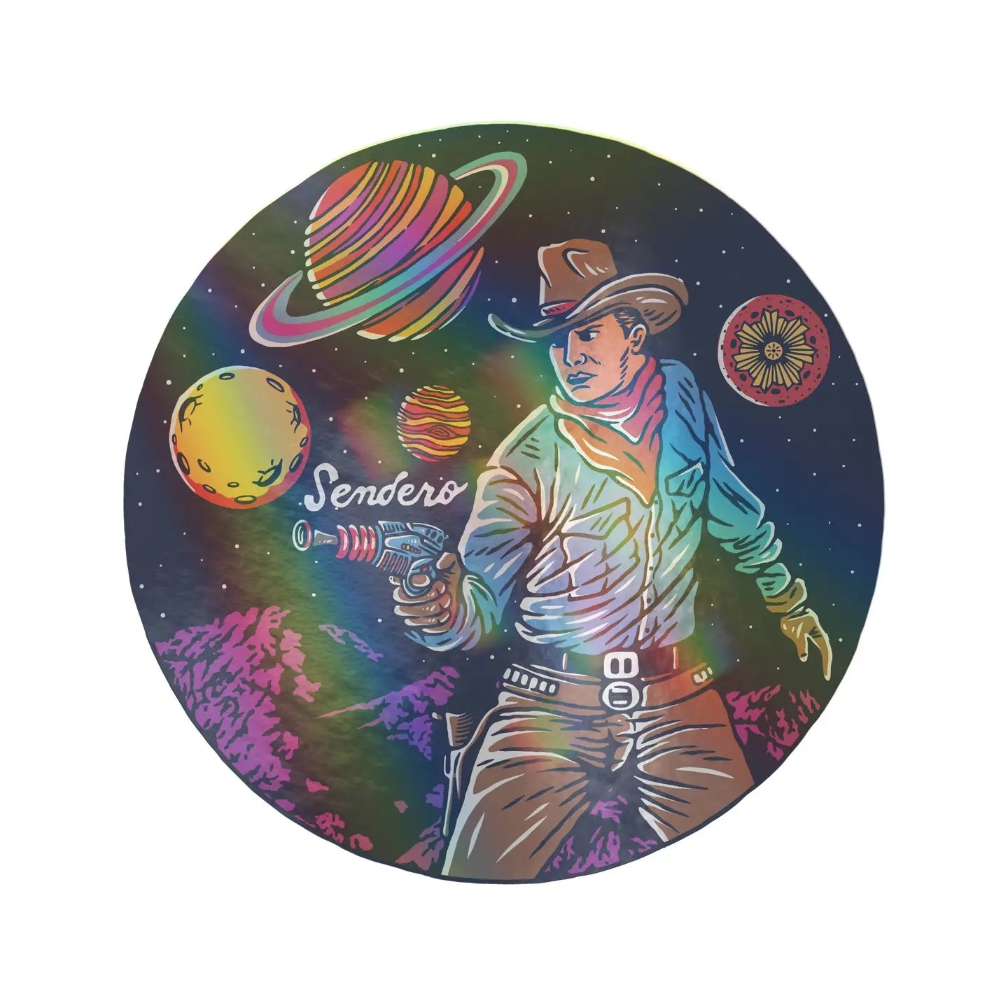 Sendero Provisions Cosmic Cowboy Holographic Sticker—space cowboy with ray gun, Western Outlaw aesthetic, unique holographic decal.