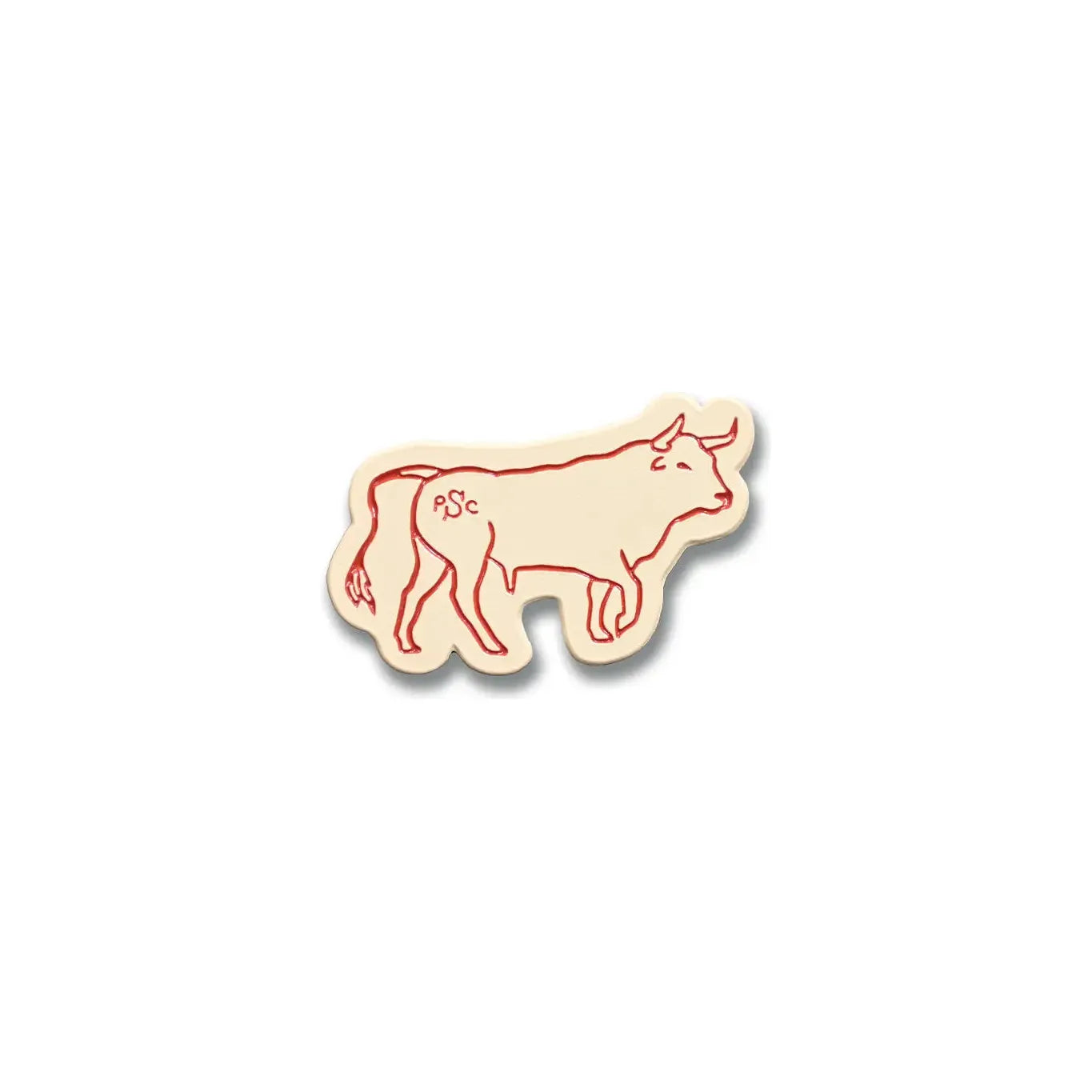 Illustration of a red-outlined cow on a cream-colored background sticker, showing the letters "PSC" on its hindquarters. The design evokes the charm of Sendero Provisions' The Ferdinand Pin with its detailed artistry and single clutch backing.