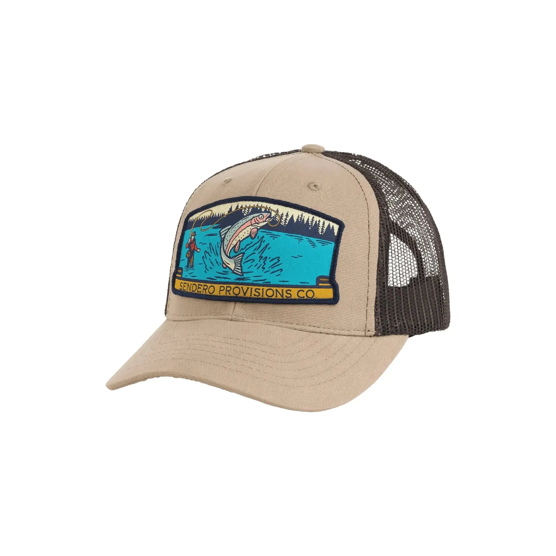 The Sendero Provisions Fly Fisher Mesh Cap is a tan and black trucker hat showcasing a patch with a fish leaping out of water and the text "Sendero Provisions Co." on the front, complete with a snapback closure for the perfect fit.