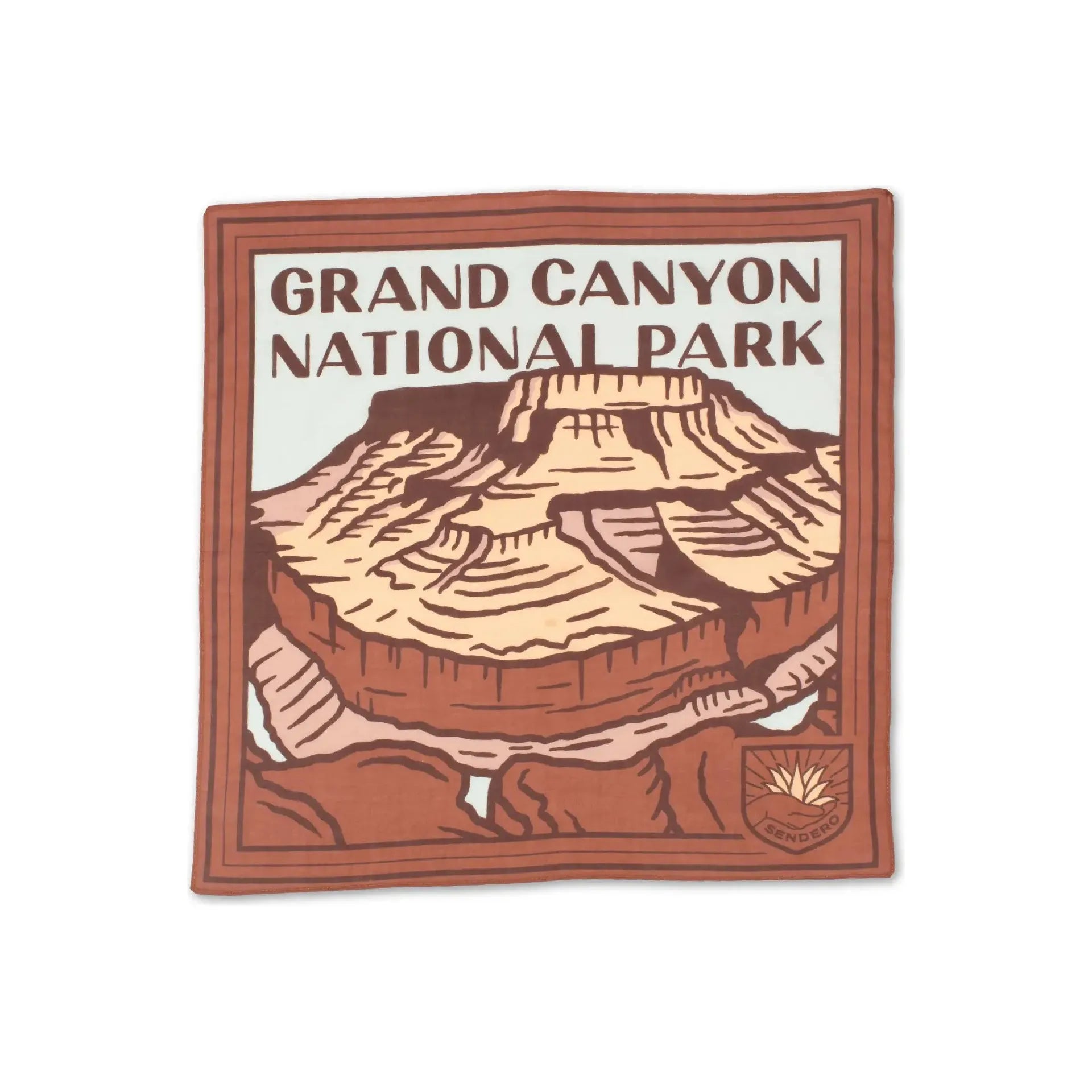 The Sendero Provisions Grand Canyon Bandana features a stylized illustration of the Grand Canyon on a square cloth made from 100% Organic Japanese Cotton. The text "Grand Canyon National Park" is displayed above the illustration, and a custom hem adds a refined touch to ensure durability.