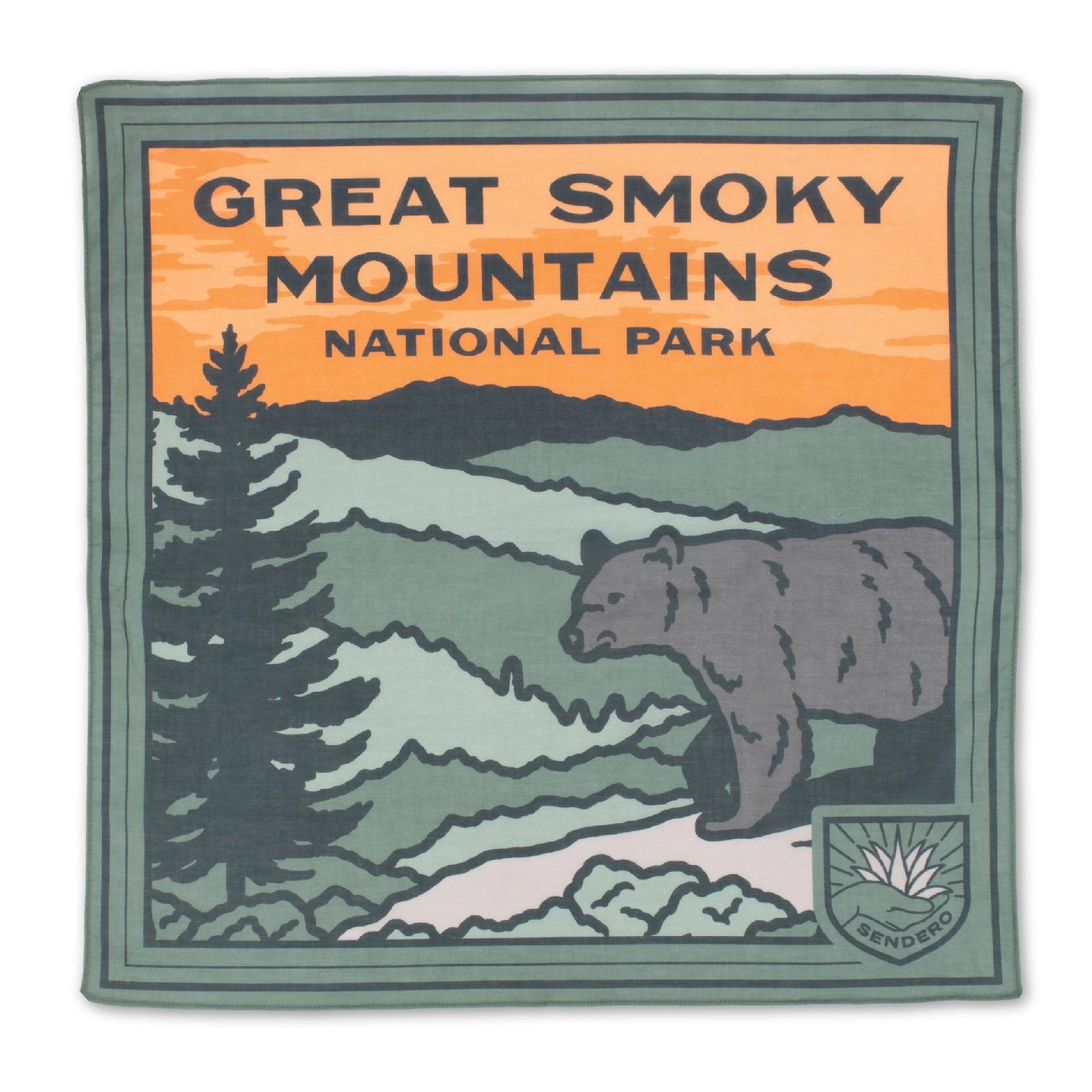 Sendero Provisions Great Smoky Mountains Bandana featuring an illustrated bear, mountains, and a tree with an orange sky background on 100% organic Japanese cotton with a silky smooth print.