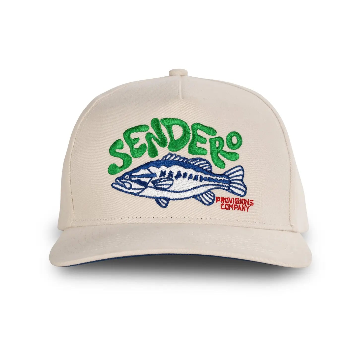 Sendero Provisions Lunker Fish Cap in white, embroidered fish and logo, stylish fishing hat ideal for anglers and outdoor lovers.