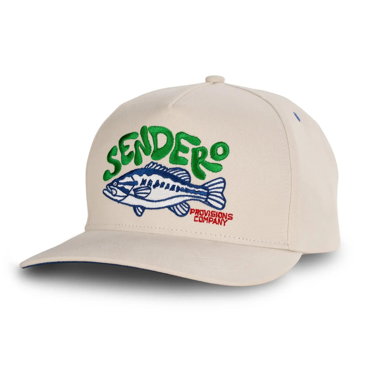 Sendero Provisions Lunker Fish Cap, white, blue fish graphic, green Sendero logo. Stylish outdoor hat for fishing enthusiasts.