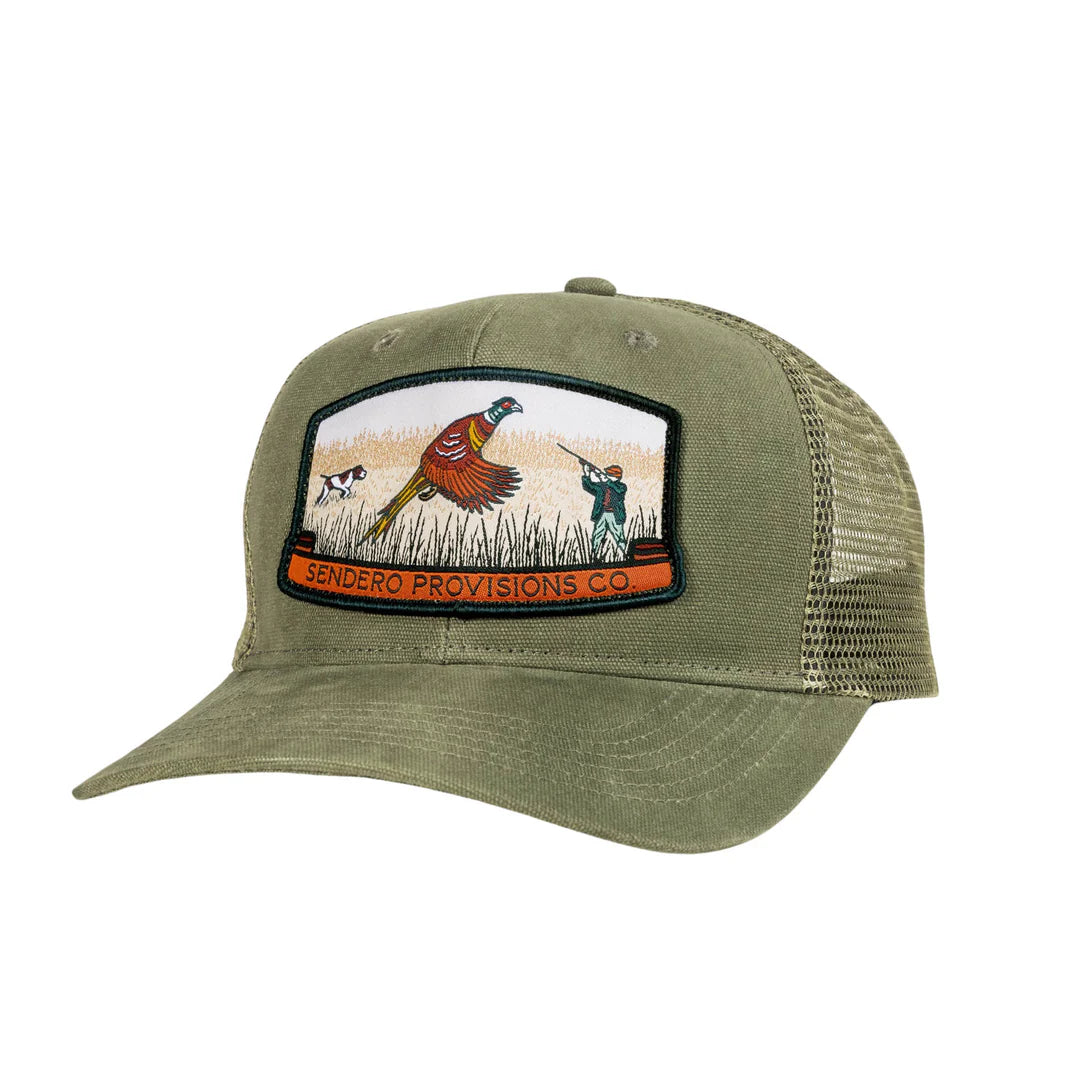 Olive green Sendero Bird Hunter cap with mesh back, featuring embroidered pheasant, dog, and hunter—perfect for hunting.