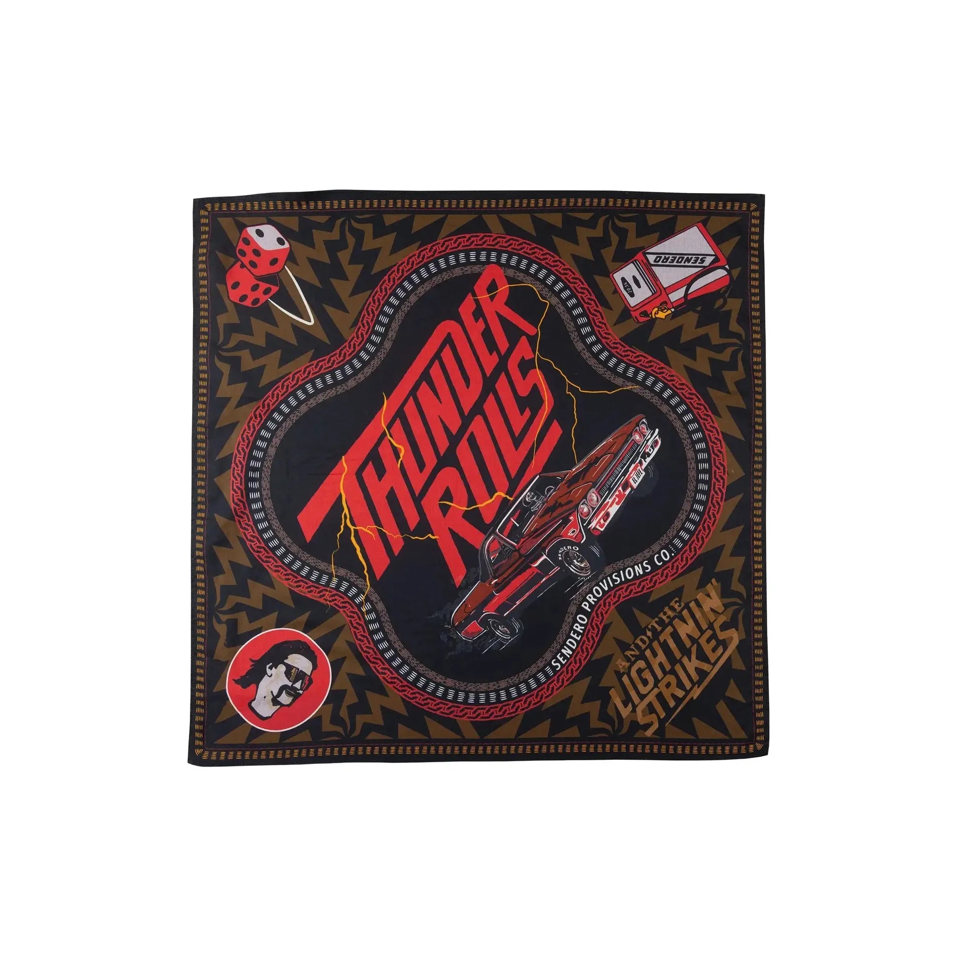 Introducing the Sendero Provisions Thunder Rolls Bandana, adorned with a red muscle car, "Thunder Rolls" text, lightning, dice, and other retro illustrations centered around a vintage El Camino SS 454 theme.