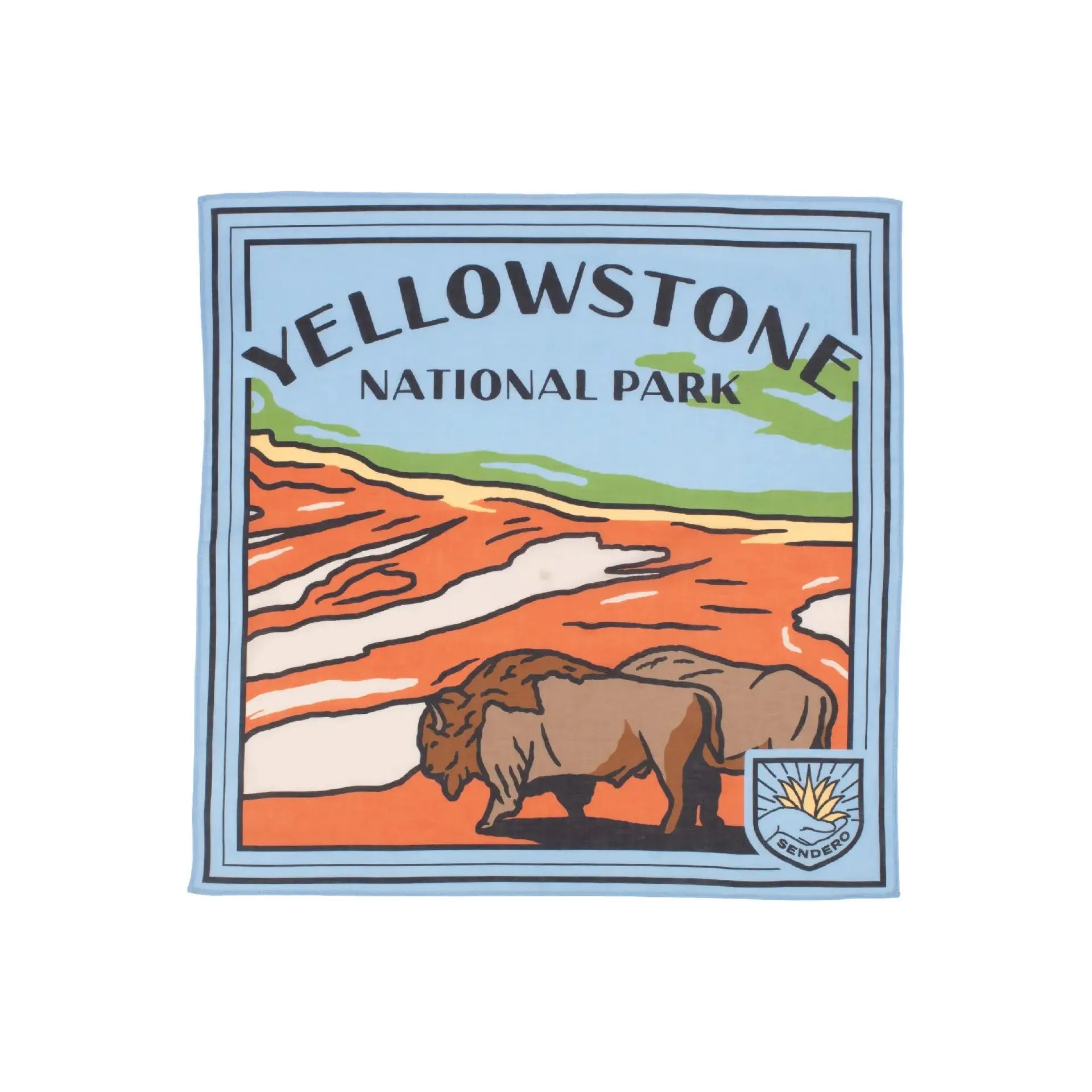 Introducing the Sendero Provisions Yellowstone Bandana, featuring a graphic of two bison against a mountain and river backdrop beneath the text "Yellowstone National Park," along with a badge reading "Bendery." This design is rendered with a silky smooth print on 100% organic Japanese cotton and comes with a custom hem.