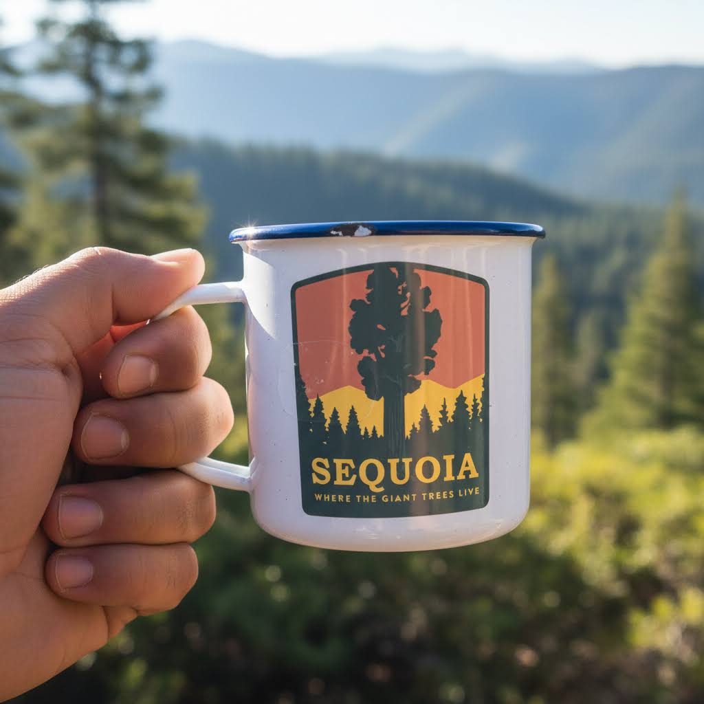 Forager Provisions LTD Sequoia National Park sticker on a white enamel mug held against a mountain forest background.
