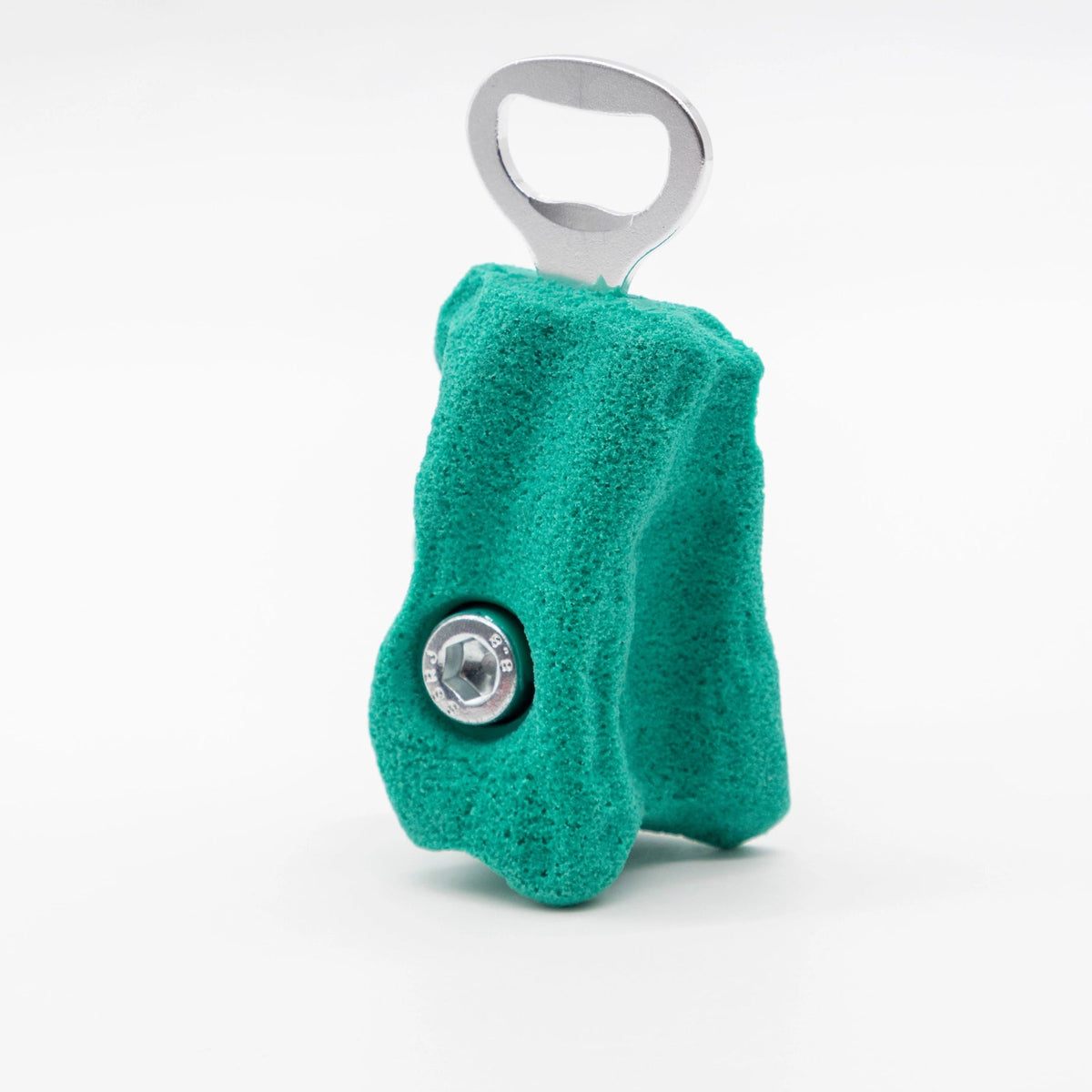 Forager Provisions LTD Seven Peaks green resin rock climbing hold bottle opener with metal hardware