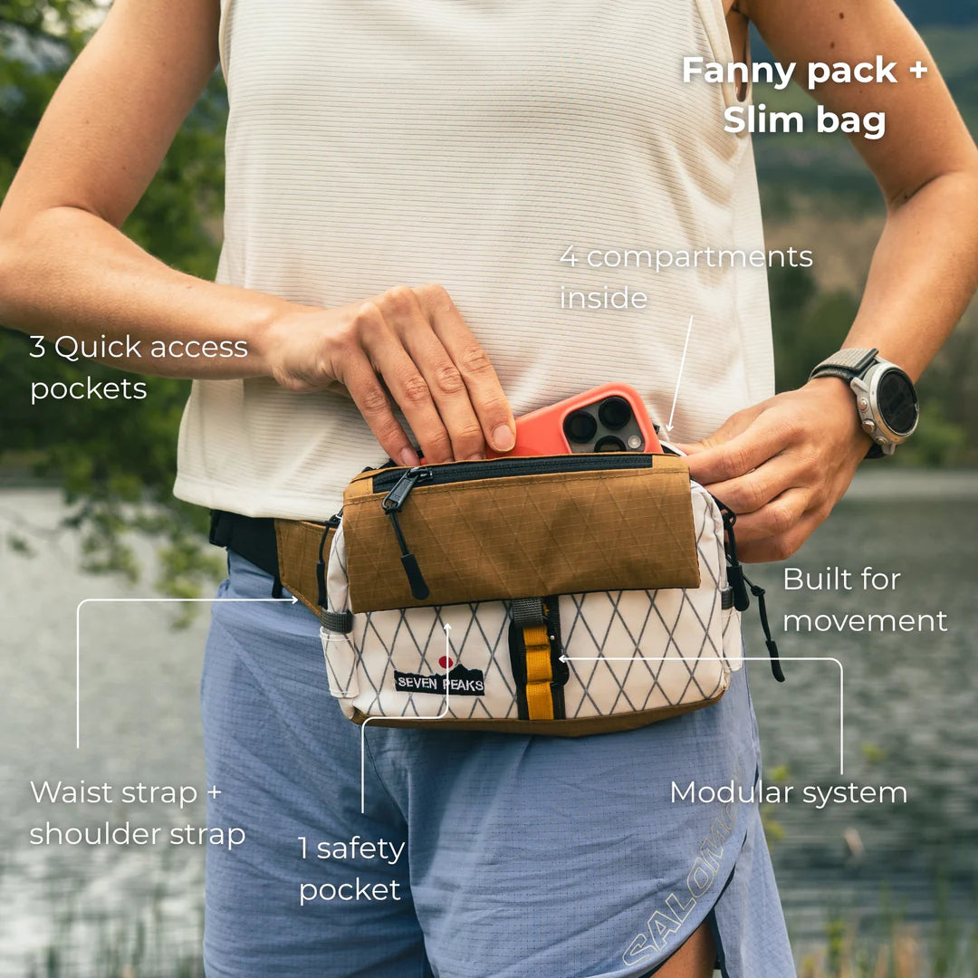 Forager Provisions LTD Seven Peaks fanny pack with modular compartments, worn crossbody in an outdoor setting.