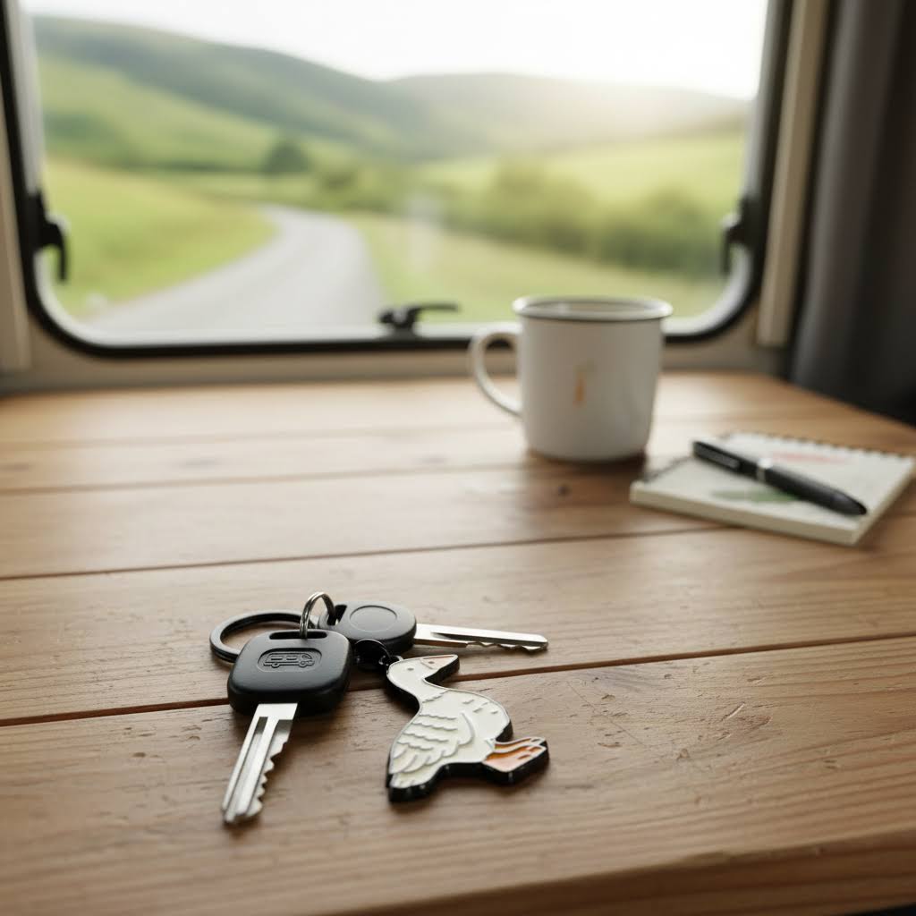 Forager Provisions LTD Stay Home Club enamel fowl keychain resting on a wooden table with keys and a mug