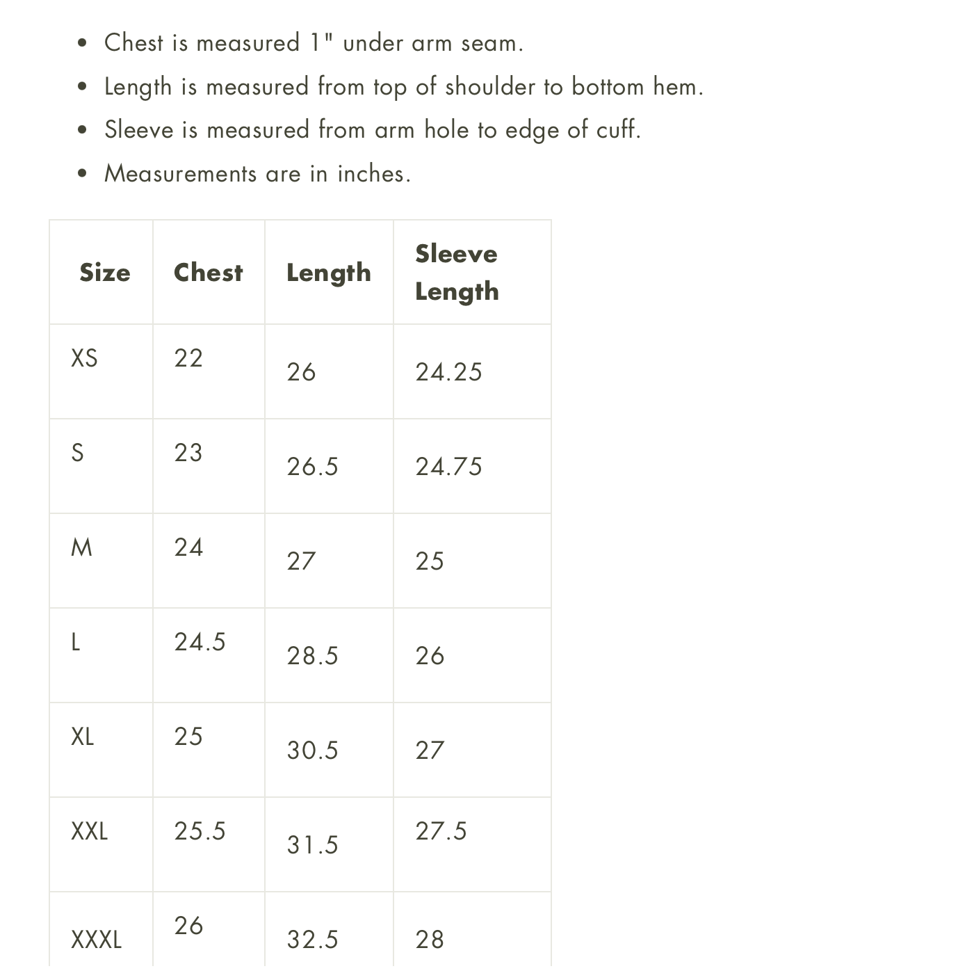 The image shows the measurements in inches for The Landmark Project Heritage Sweatshirt