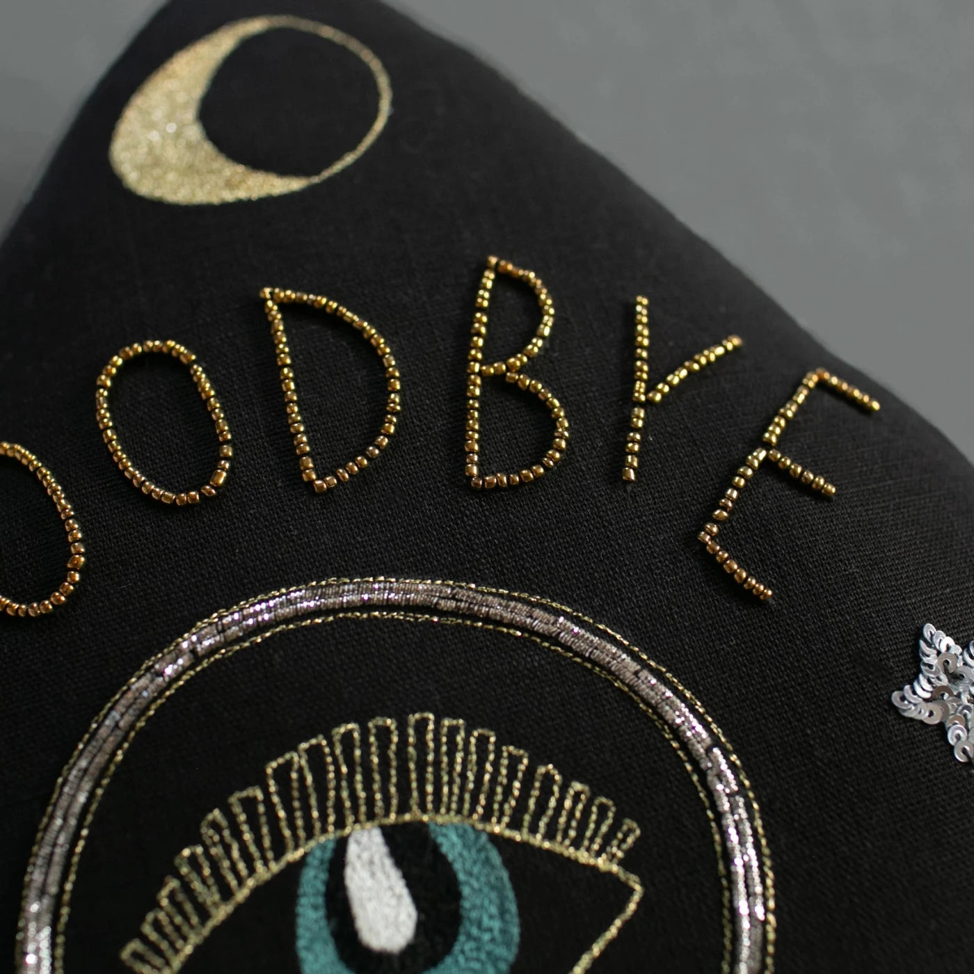 Skippy Cotton Ouija Board Pillow with gold beaded letters, embroidered eye, crescent moon—mystical gothic home decor cushion.