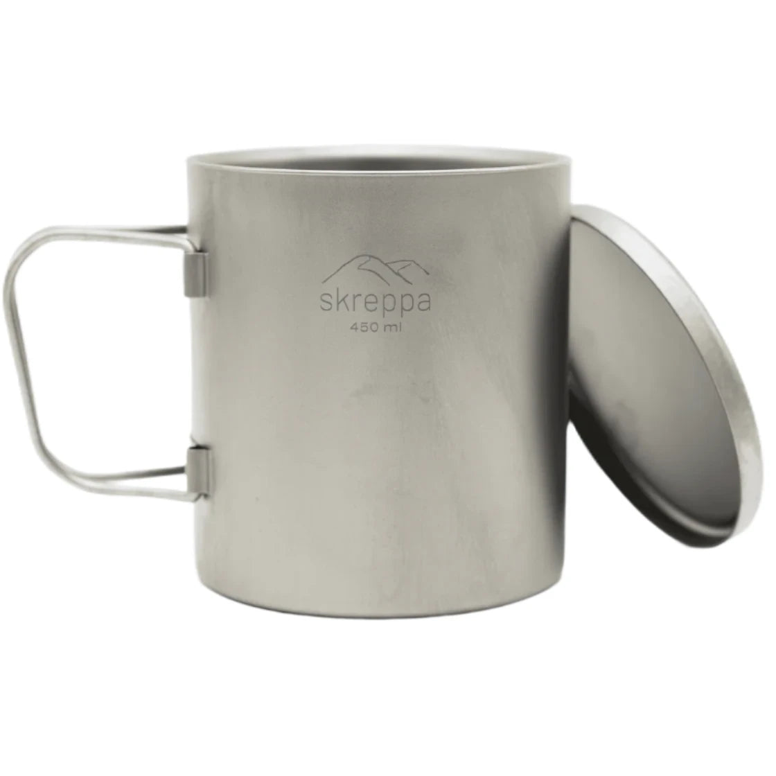 Skreppa Double Wall Titanium Mug 450ml Geodic—lightweight, durable outdoor camping mug with handle & lid for hot drinks.