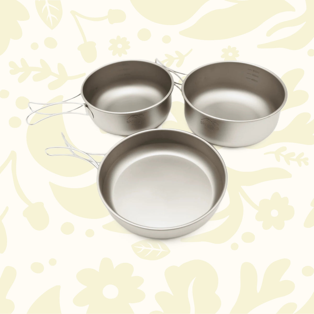 Skreppa 3 Piece Portable Titanium Camping Cook Set – Lightweight, durable cookware with handled saucepans for outdoor cooking.