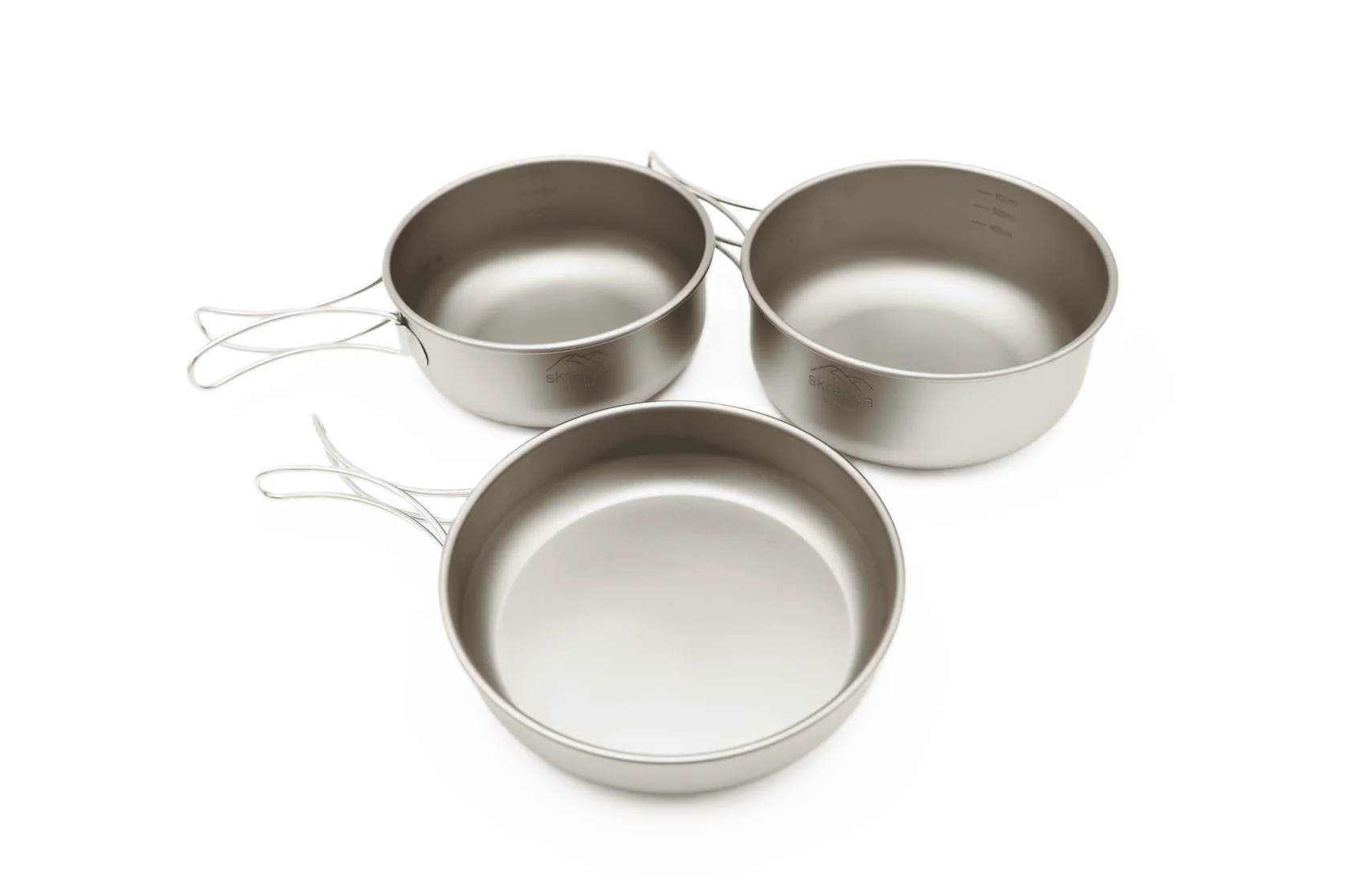 Skreppa 3 Piece Portable Titanium Camping Cook Set – Lightweight, durable cookware with handled saucepans for outdoor cooking.
